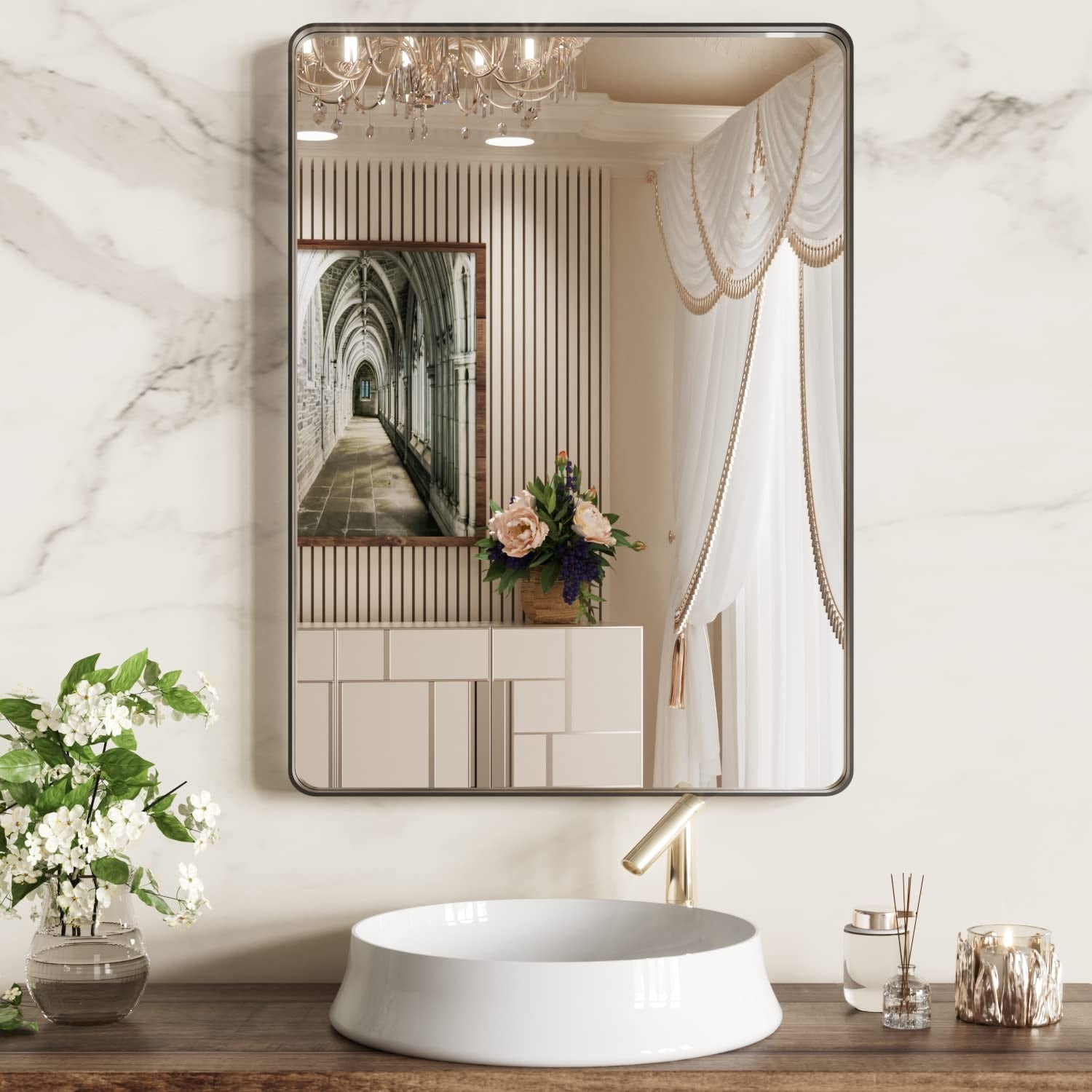 Apmir Metal Frame Tempered Glass Bathroom Vanity Mirror for Wall, Cloakroom, Bedroom