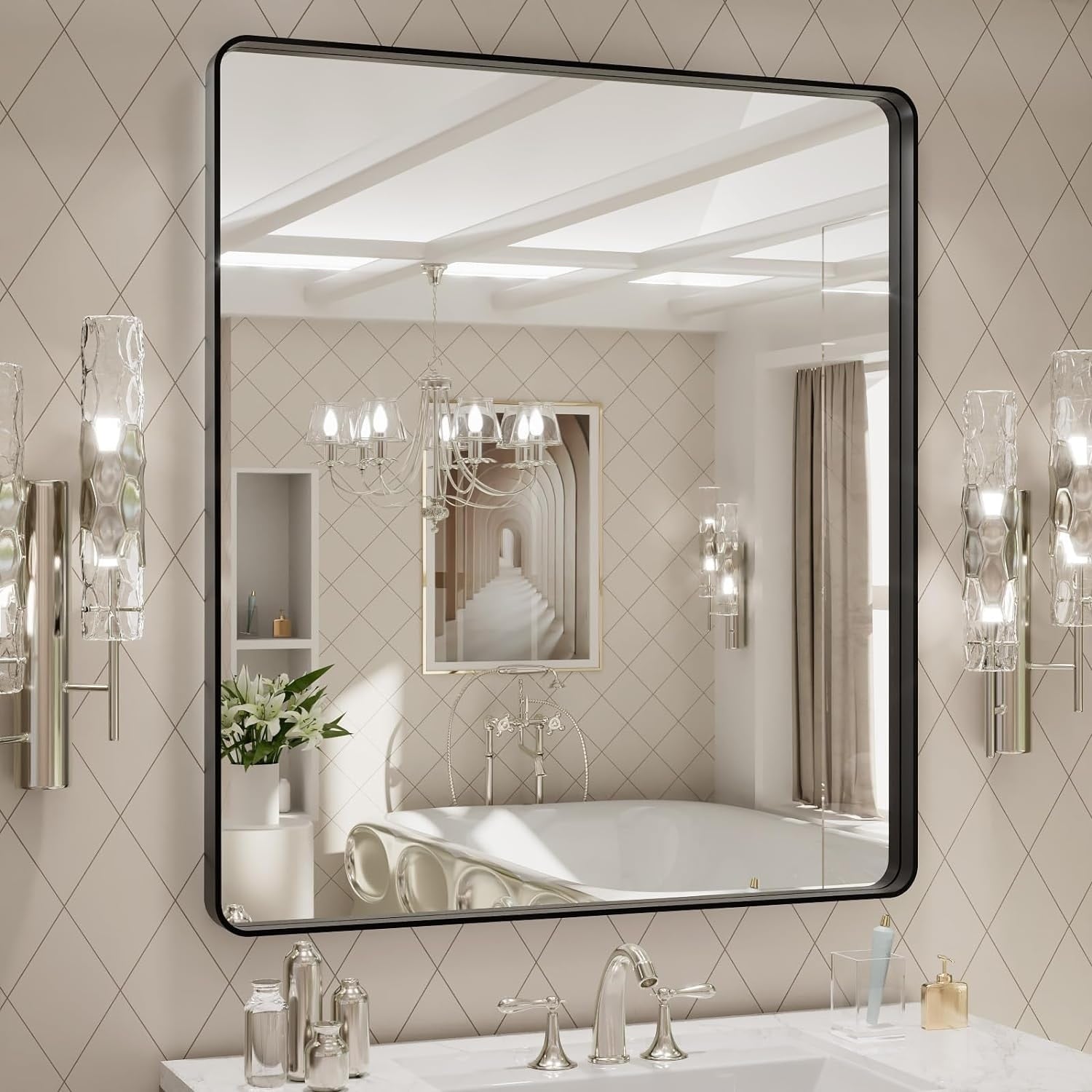 Apmir Metal Frame Tempered Glass Bathroom Vanity Mirror for Wall, Cloakroom, Bedroom