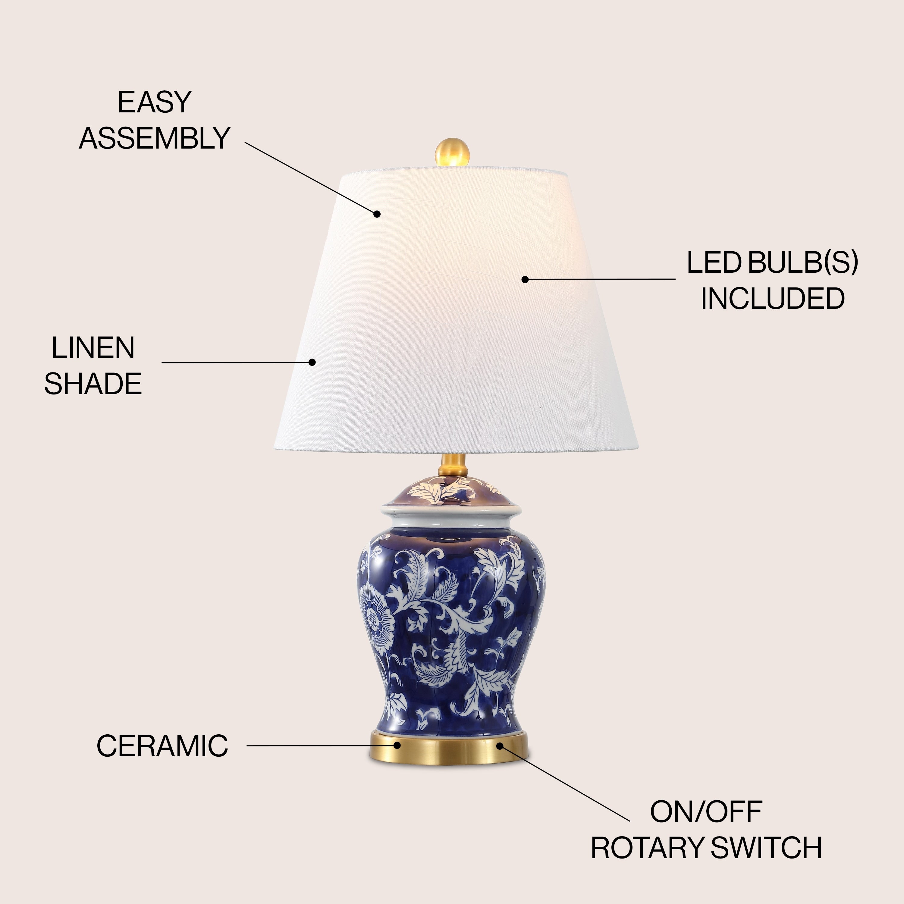 Penelope 22 Chinoiserie LED Table Lamp, Blue/White by JONATHAN Y