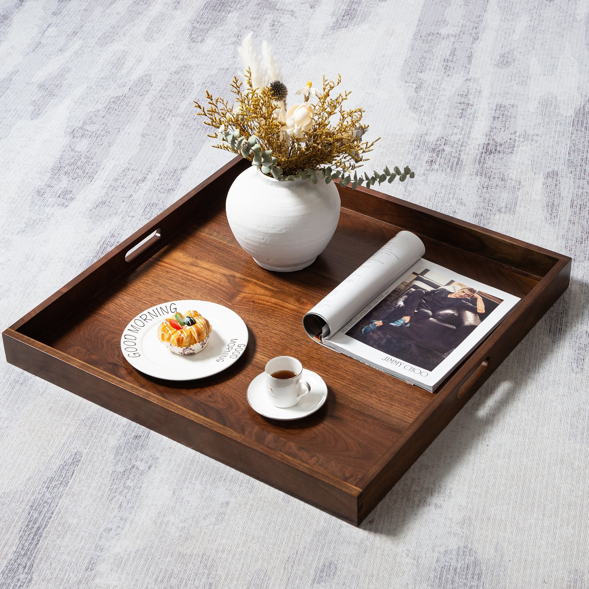 Square Black Walnut Wood Serving Tray Ottoman Tray with Handles