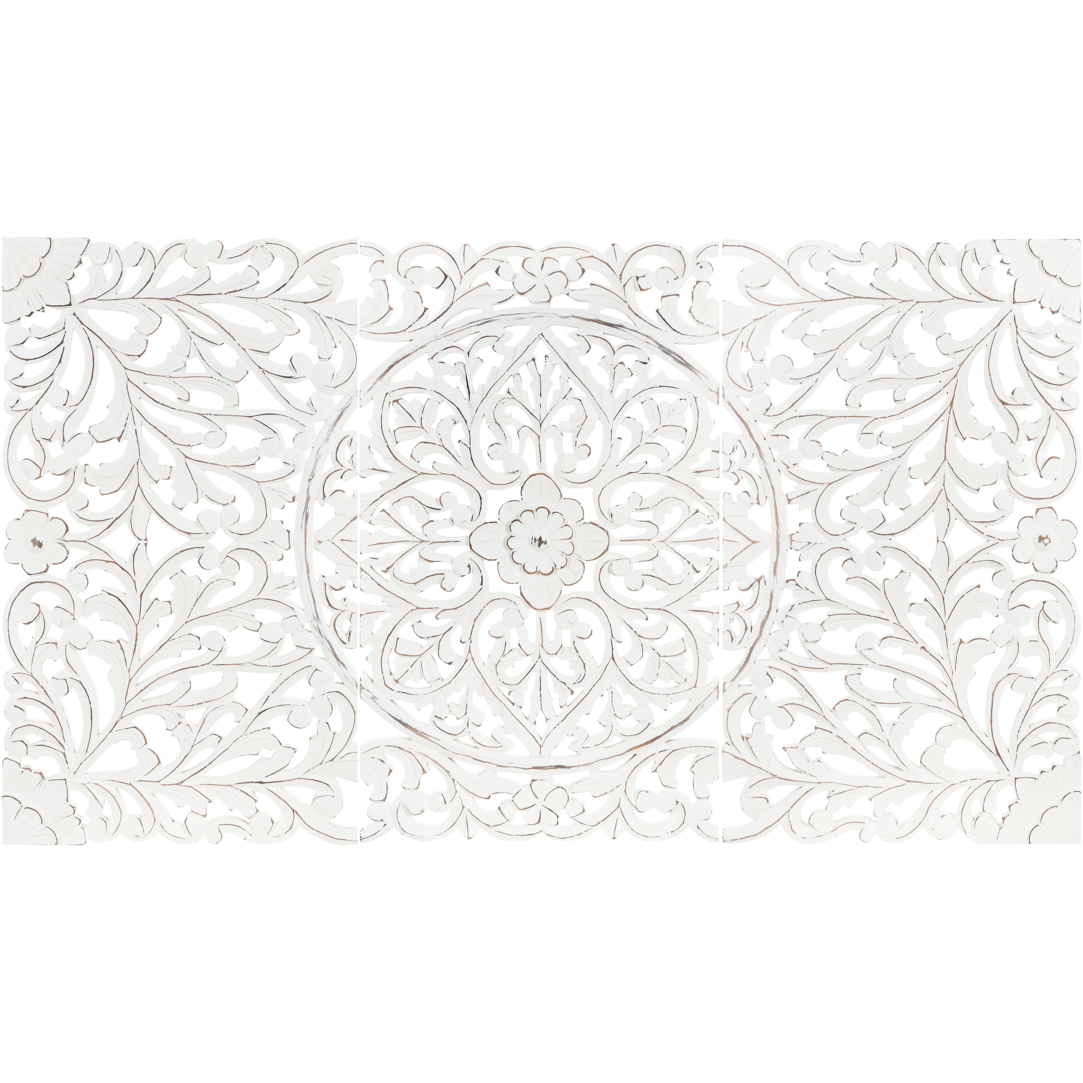 Norma Floral Hand Carved White Wooden 48x28-inch 3-Panel Wall Art