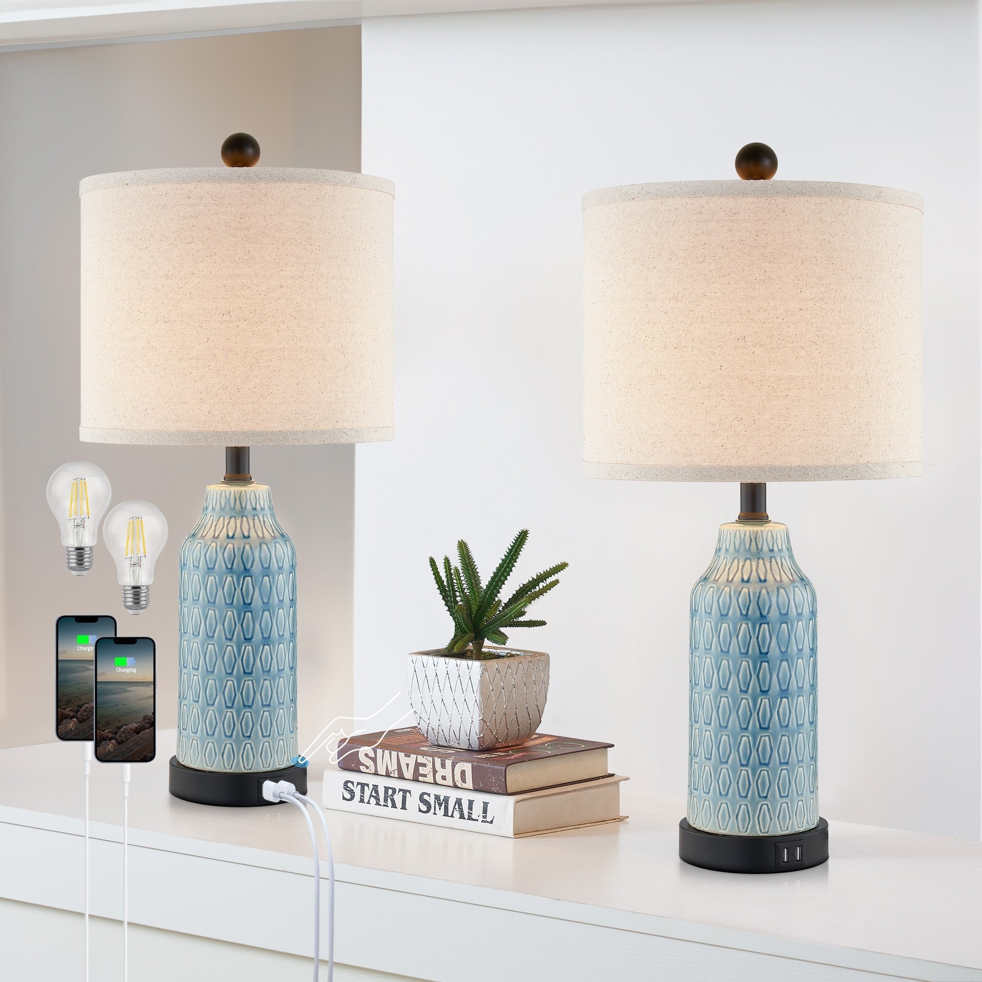 Blue Ceramic Table Lamp with 3-way Touch Dimming Switch & Dual USB Charging Ports (Set of 2) - 11'' x 11'' x 23'' (L x W x H)