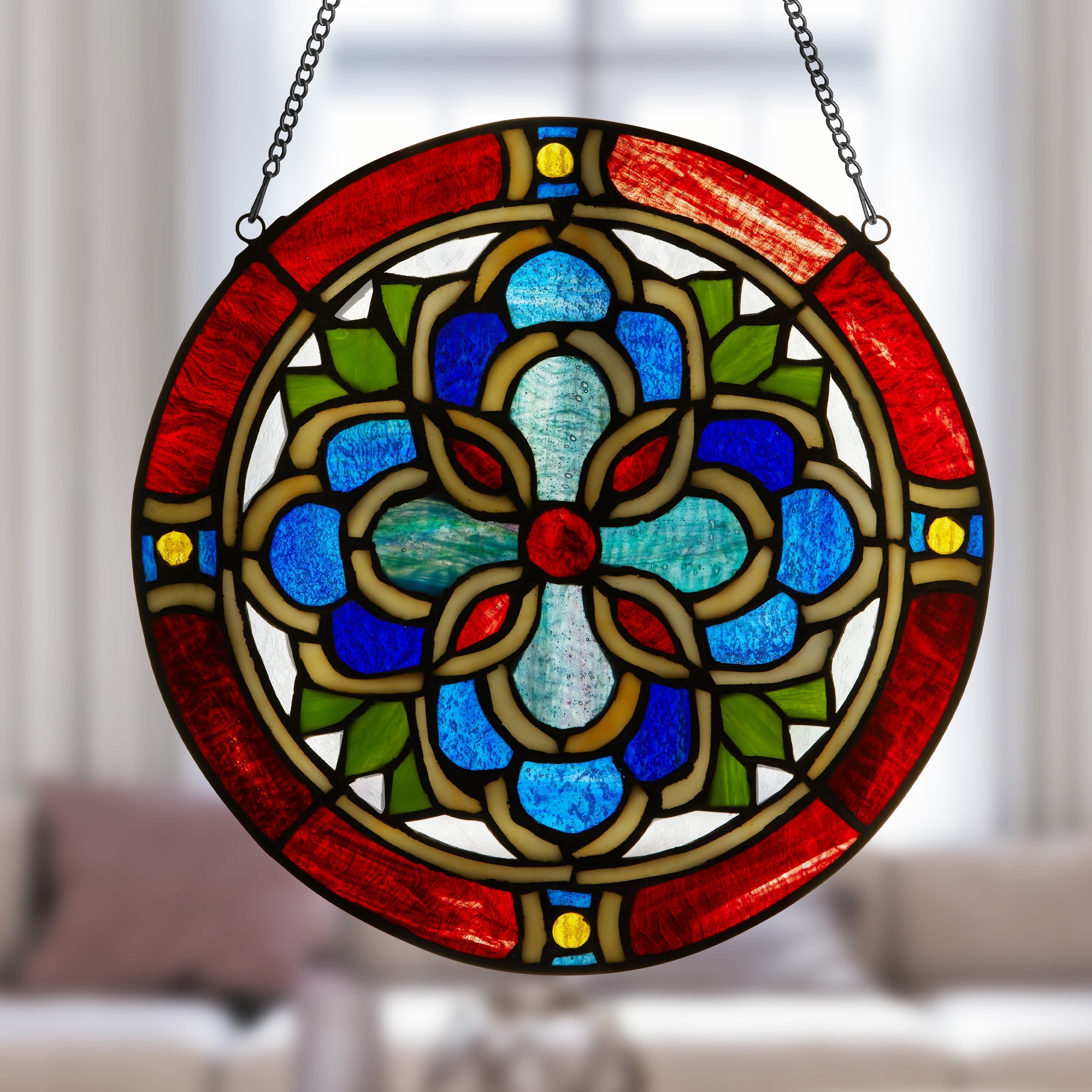 Geometric River of Goods Blue and Red Tiffany-Style Stained Glass Round Window Panel - 12 x 0.25 x 12