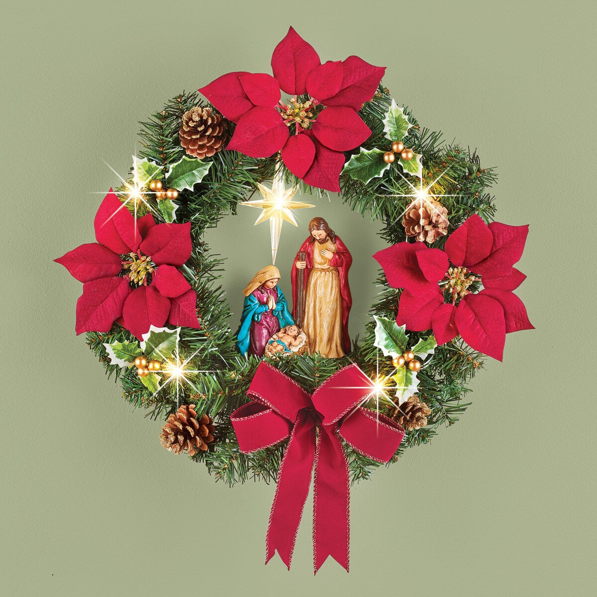 Poinsettia Nativity Scene Lighted Wreath - 13.250 x 13.250 x 5.000