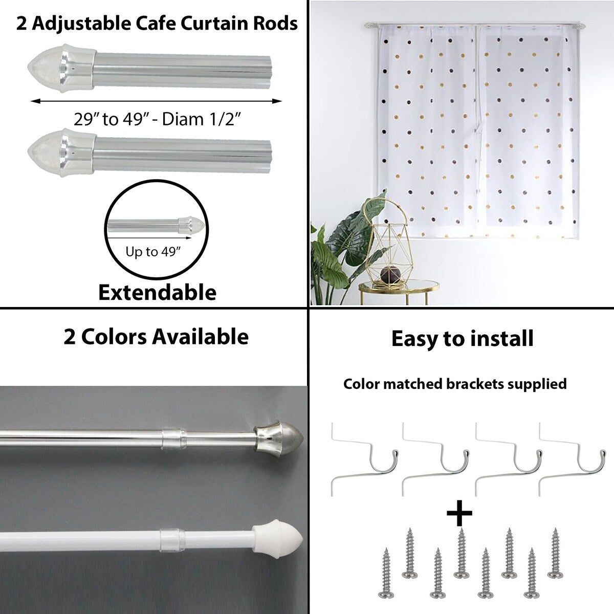 Set of 2 Cafe Curtain Rods Adjustable - Diam 1/2