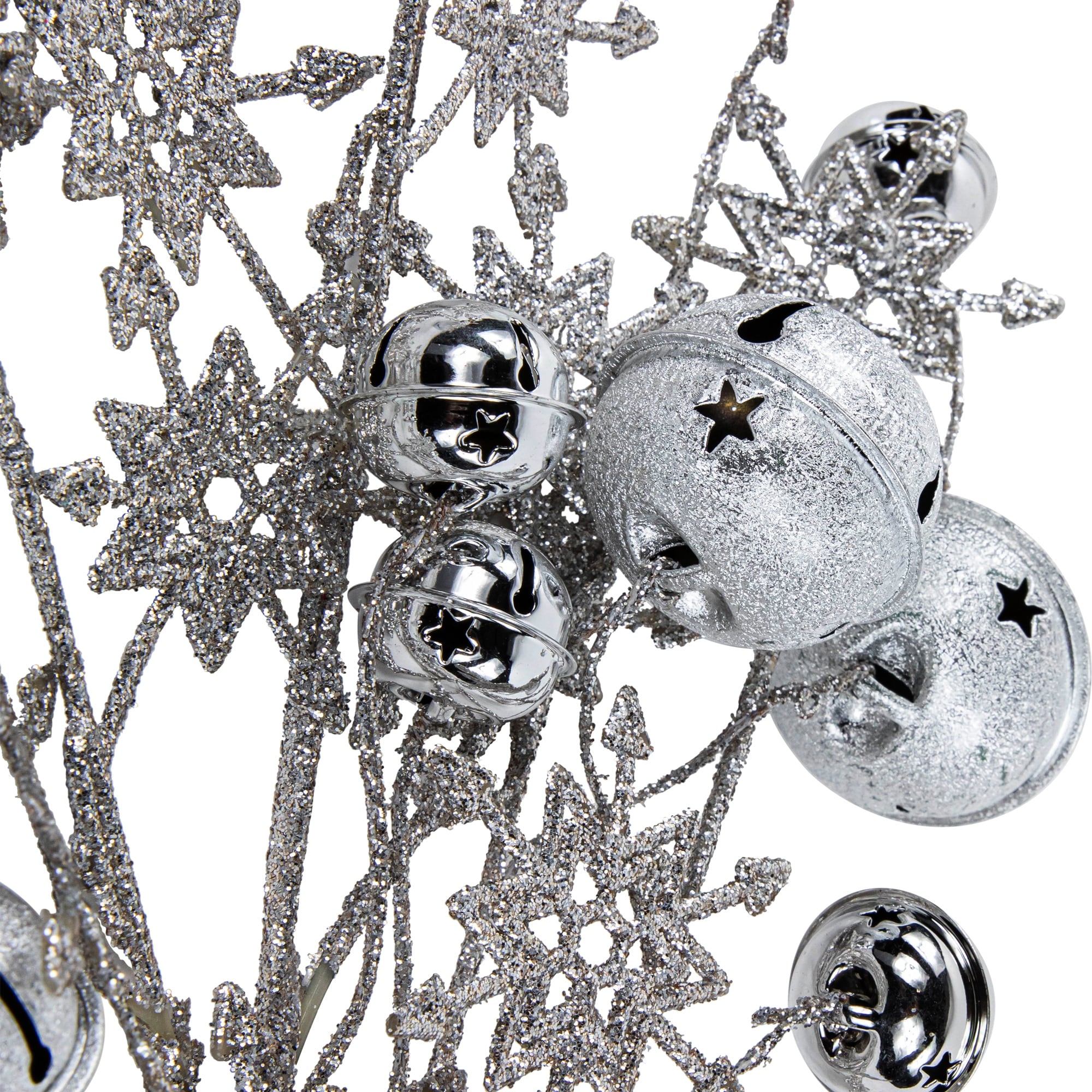 34 Silver Jingle Bells and Glitter Snowflakes Artificial Christmas Spray