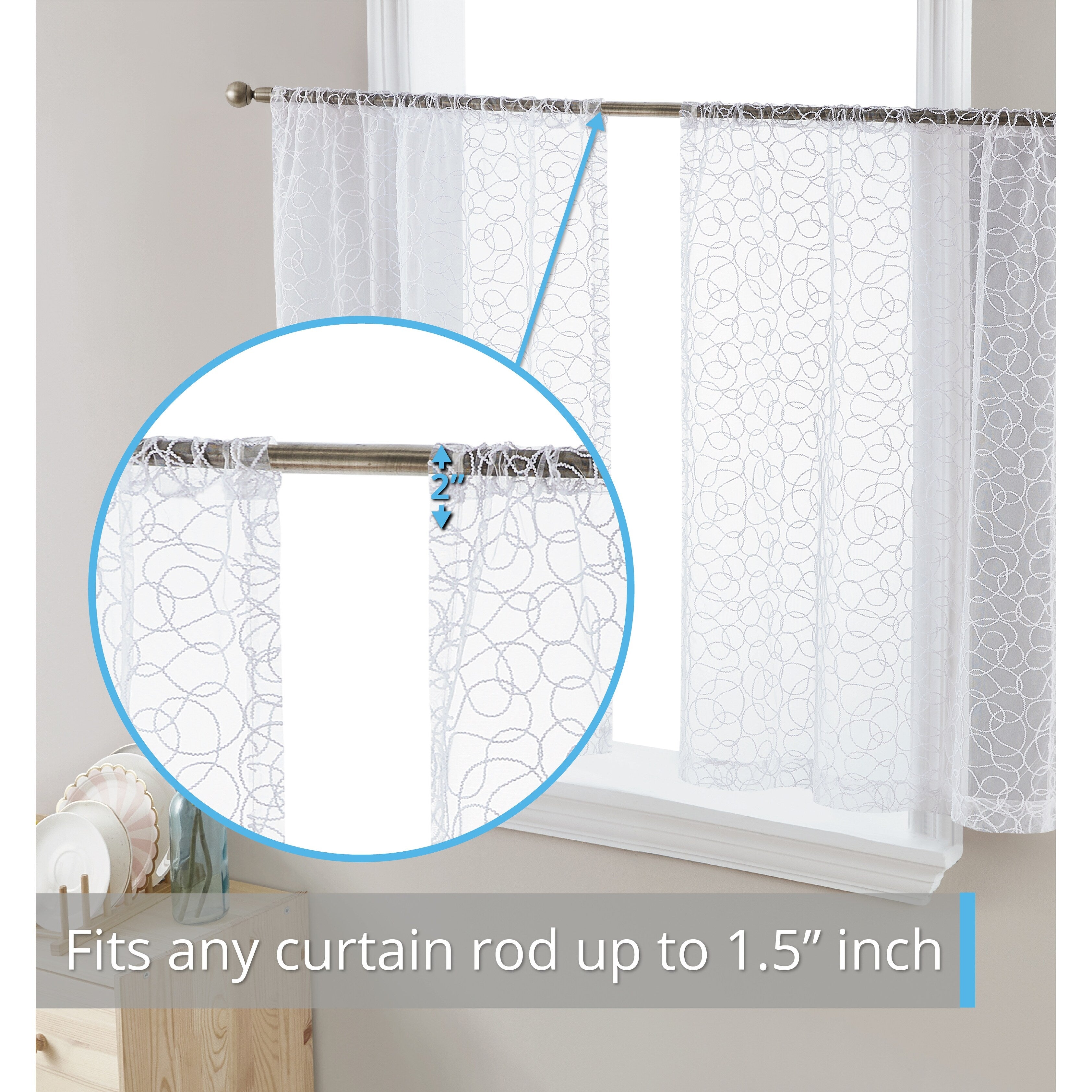 HLC.me Audrey Embroidered Sheer Voile Window Curtain Short Rod Pocket Tiers Valance Kitchen, Small Windows and Bathroom