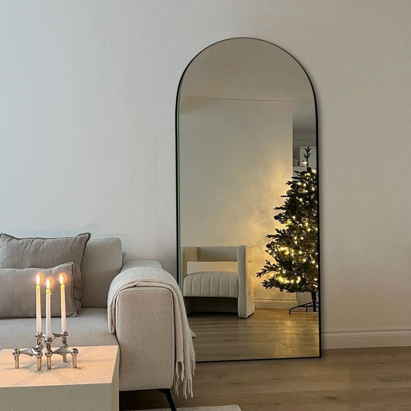 Classic Wood Arched Full Length Mirror with Stand, Floor Mirror