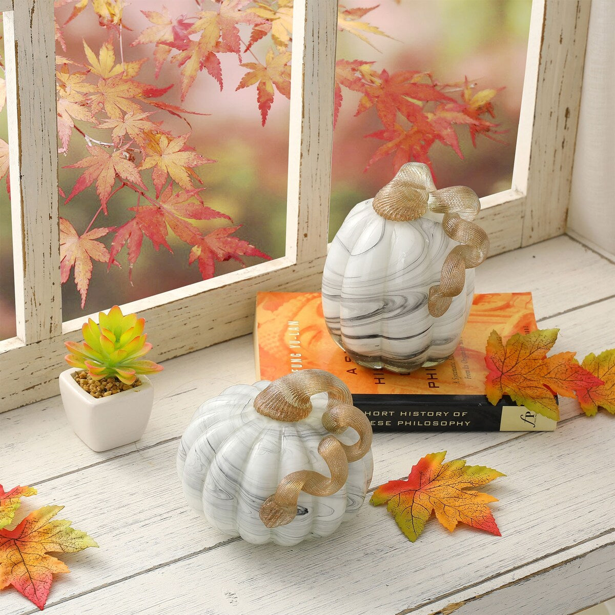 Glitzhome Fall Harvest Gray Marble Handblown Glass Pumpkins for Thanksgiving Decor