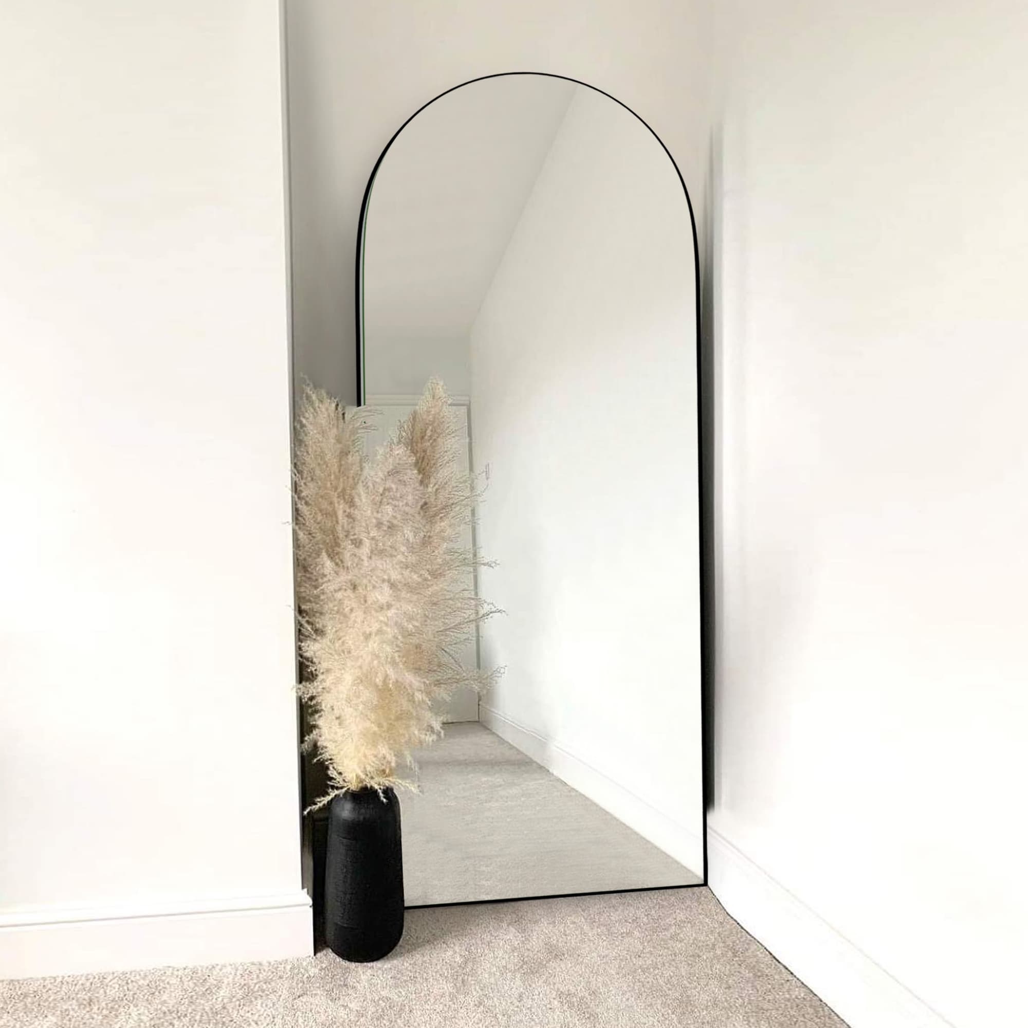 Classic Wood Arched Full Length Mirror with Stand, Floor Mirror