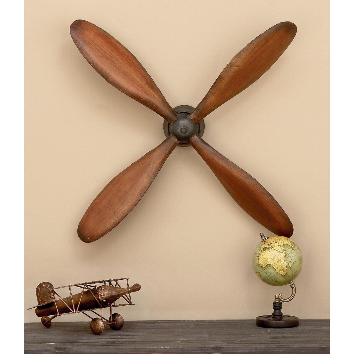 Metal Airplane Propeller 4 Blade Home Wall Decor with Aviation Detailing - Dark Brown - Roche River Decor