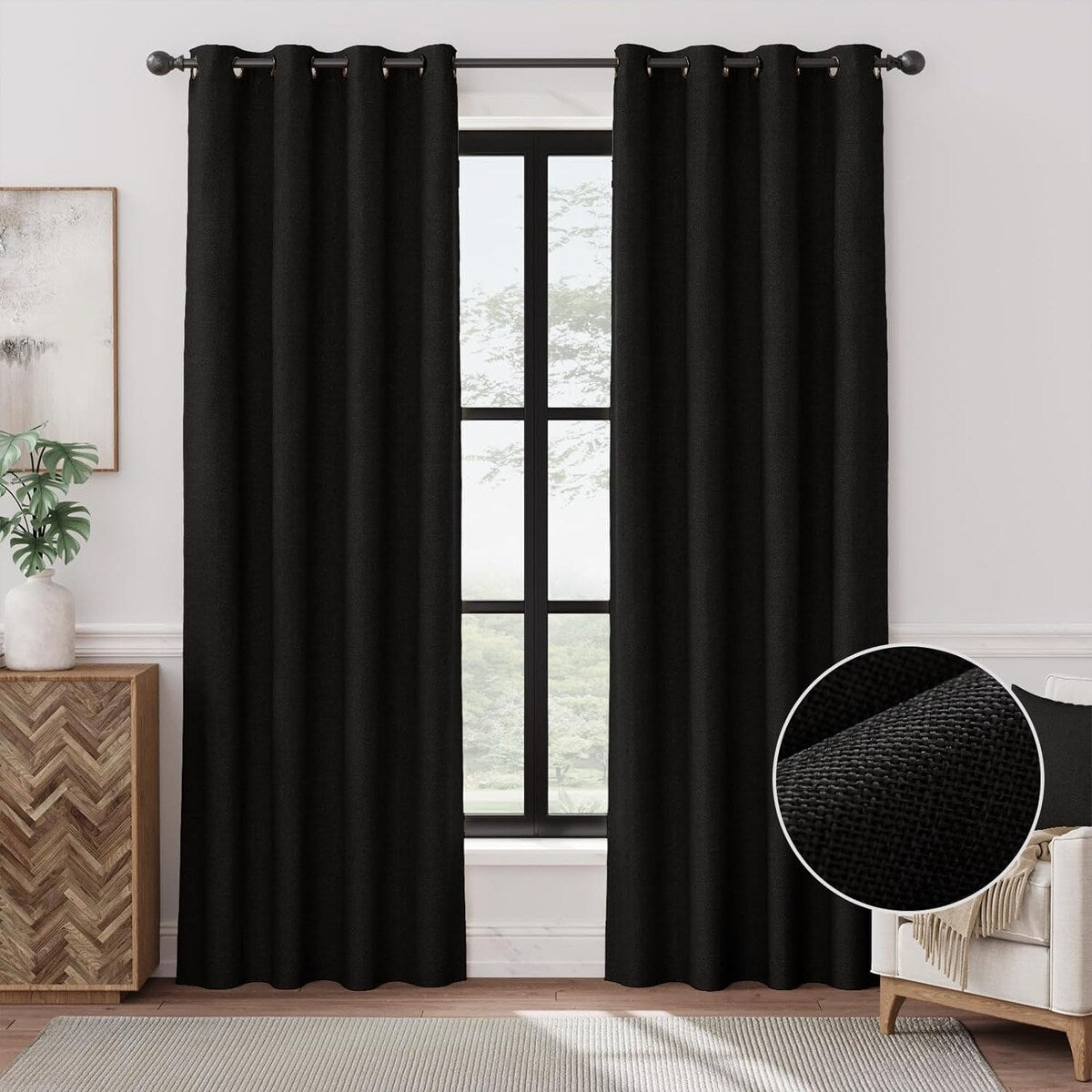 90% Blackout Faux Linen Curtains Thermal Insulated Room Darkening Curtains, 2 Panels Set, Grommet Top Window Treatments