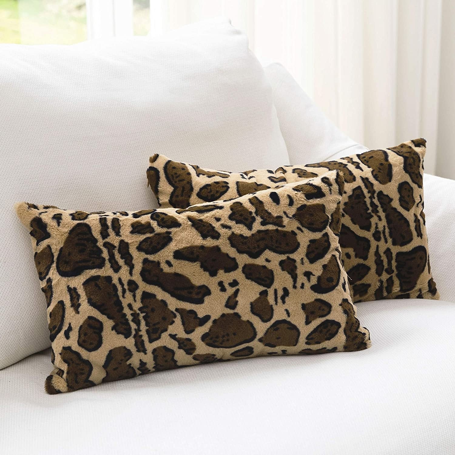 Cheer Collection Set of 2 Faux Fur Leopard Print Lumbar Couch Throw Pillows