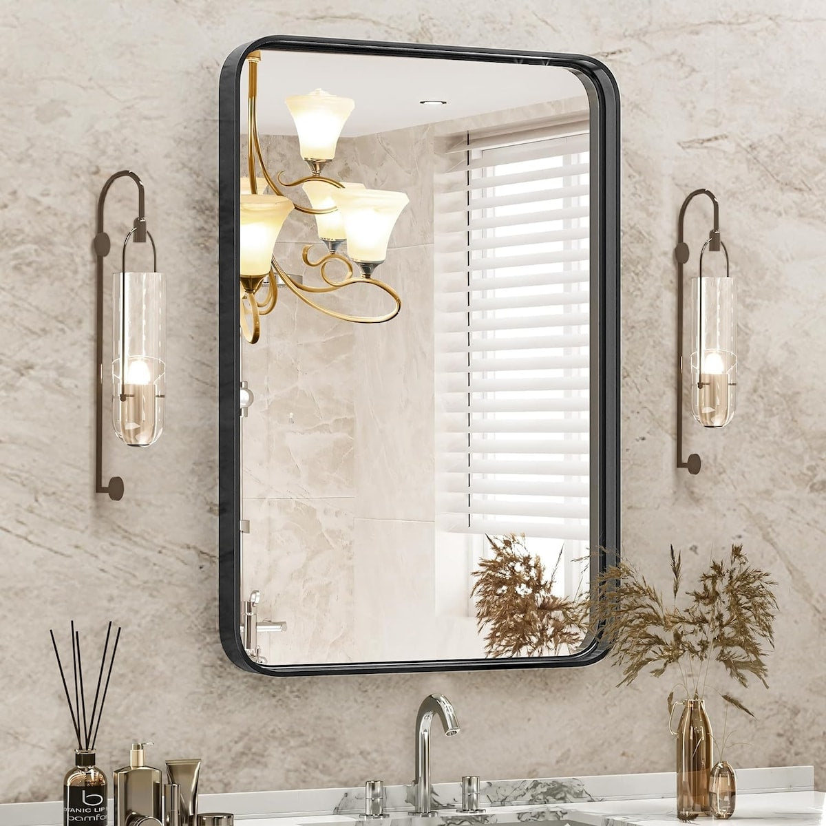 Black Metal Framed Vanity Rounded Rectangle Bathroom Mirrors for Over Sink Wall, Matte Large Mirror, Modern Decorative