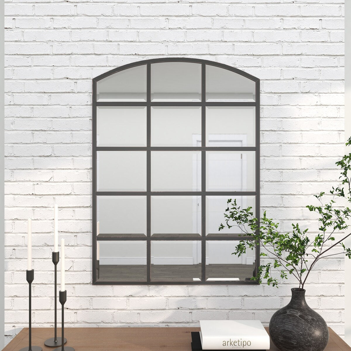 Metal Window Pane Inspired Room Wall Mirror with Arched Top - Roche River Decor