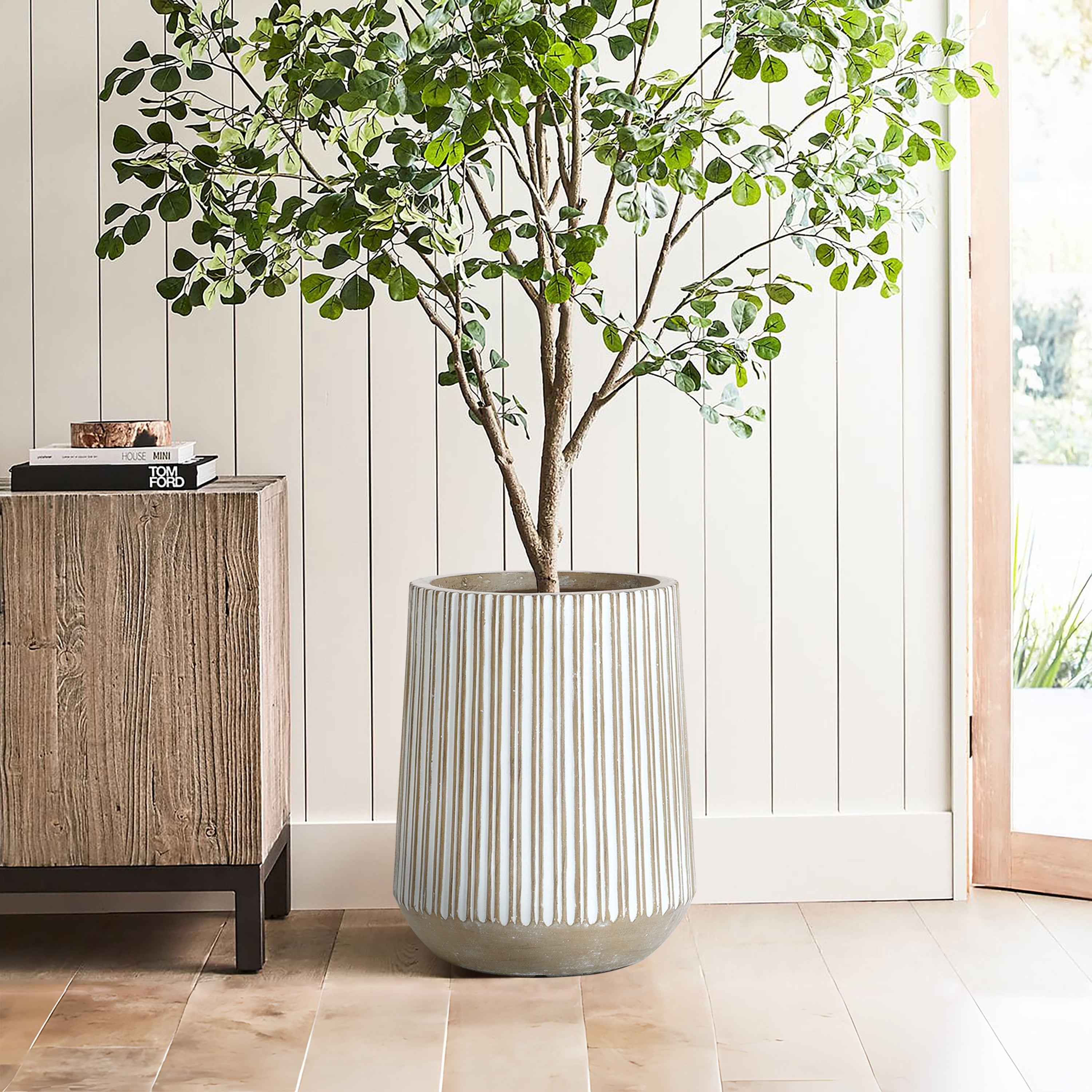 Round Brown and White Striped Handmade Tall Pot Planter