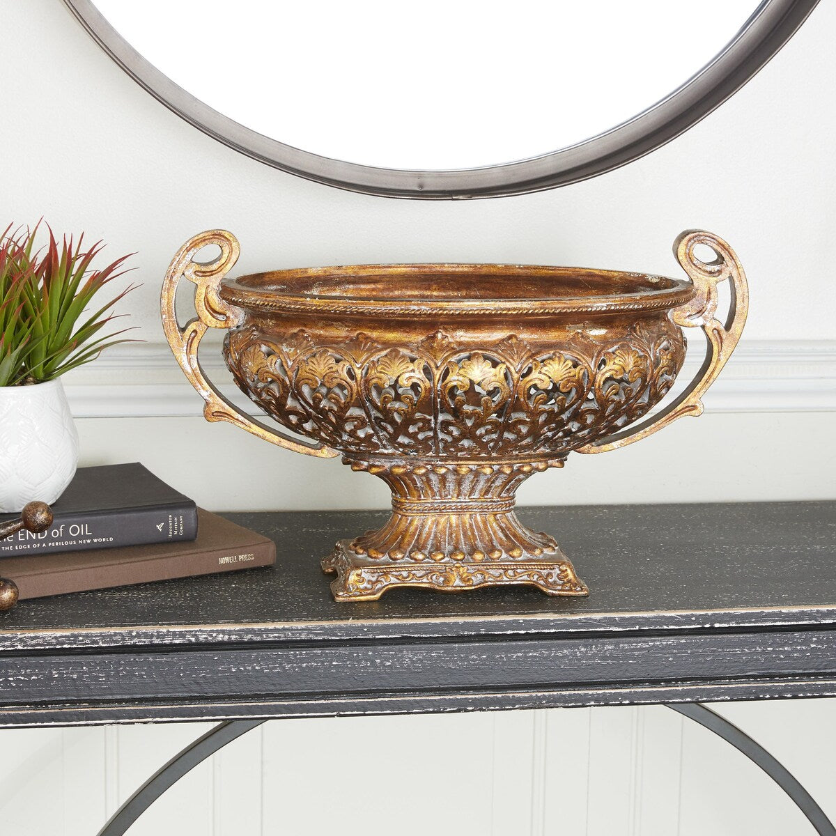 Polystone Ornate Decorative Decorative Bowl with Handles - Gold - Roche River Decor