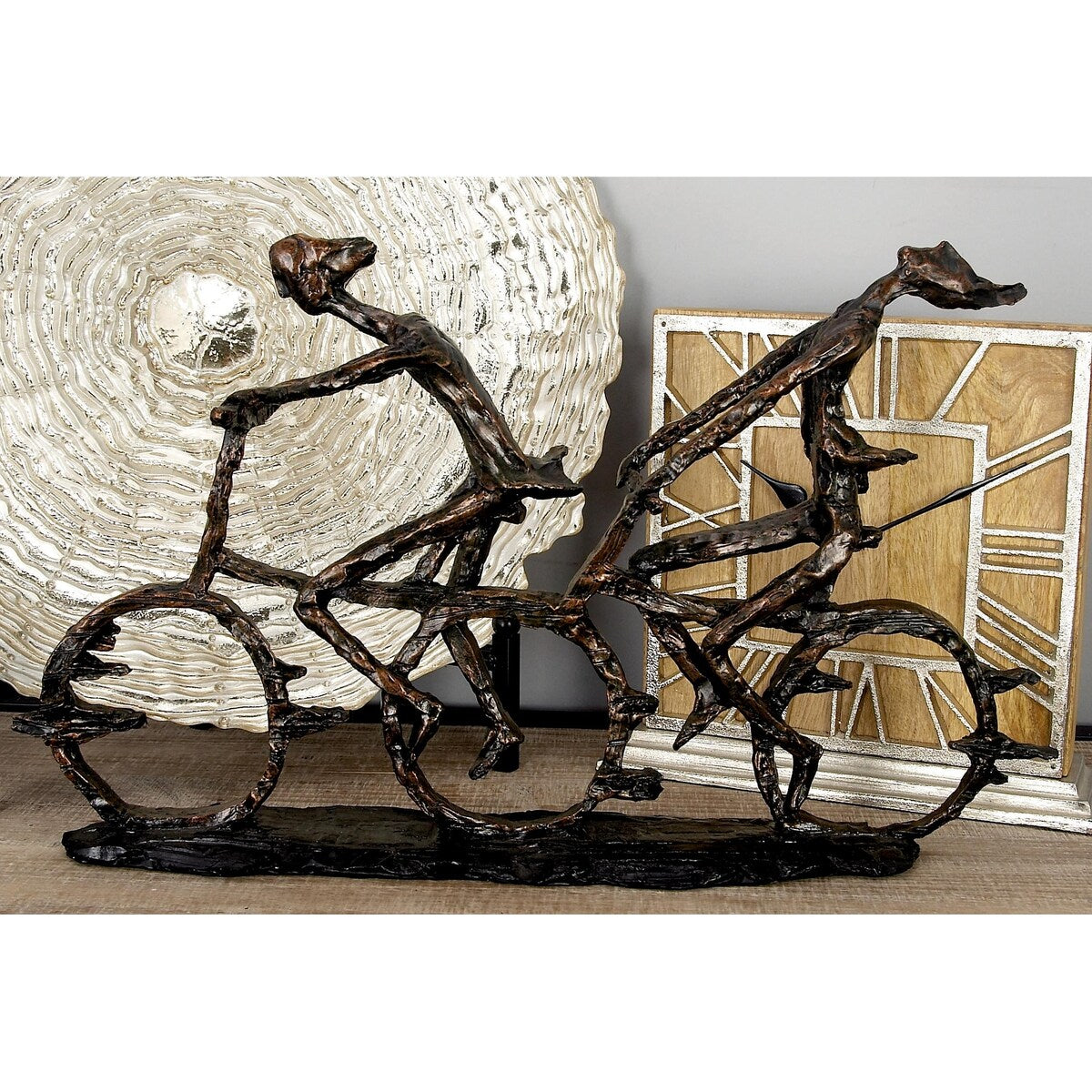 Polystone People Bicycling Decorative Sculpture with Copper Texturing - Bronze - Roche River Decor