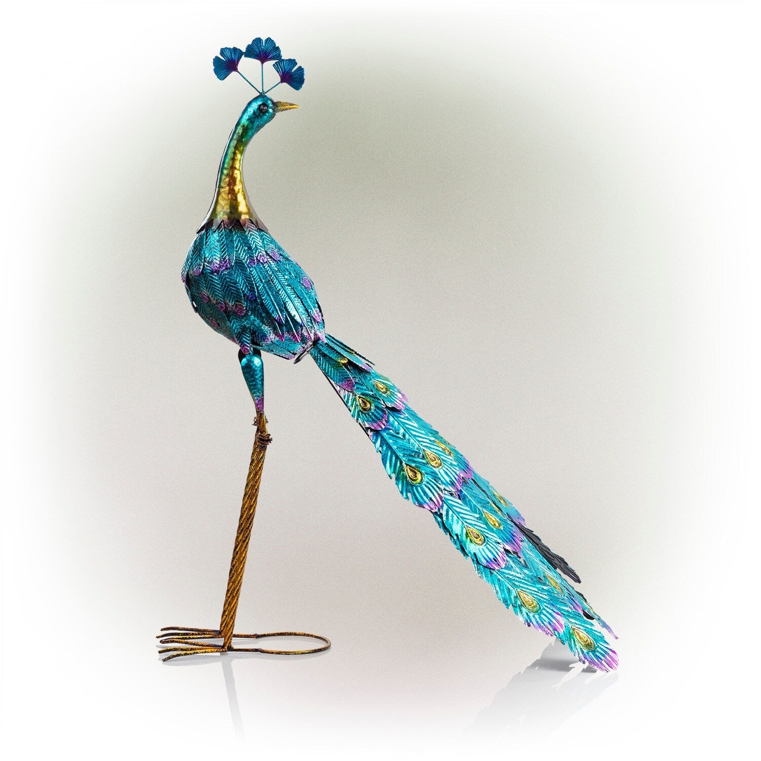 Alpine Corporation 23 Tall Outdoor Metallic Peacock Tail Spread Yard Statue Decoration, Multicolor