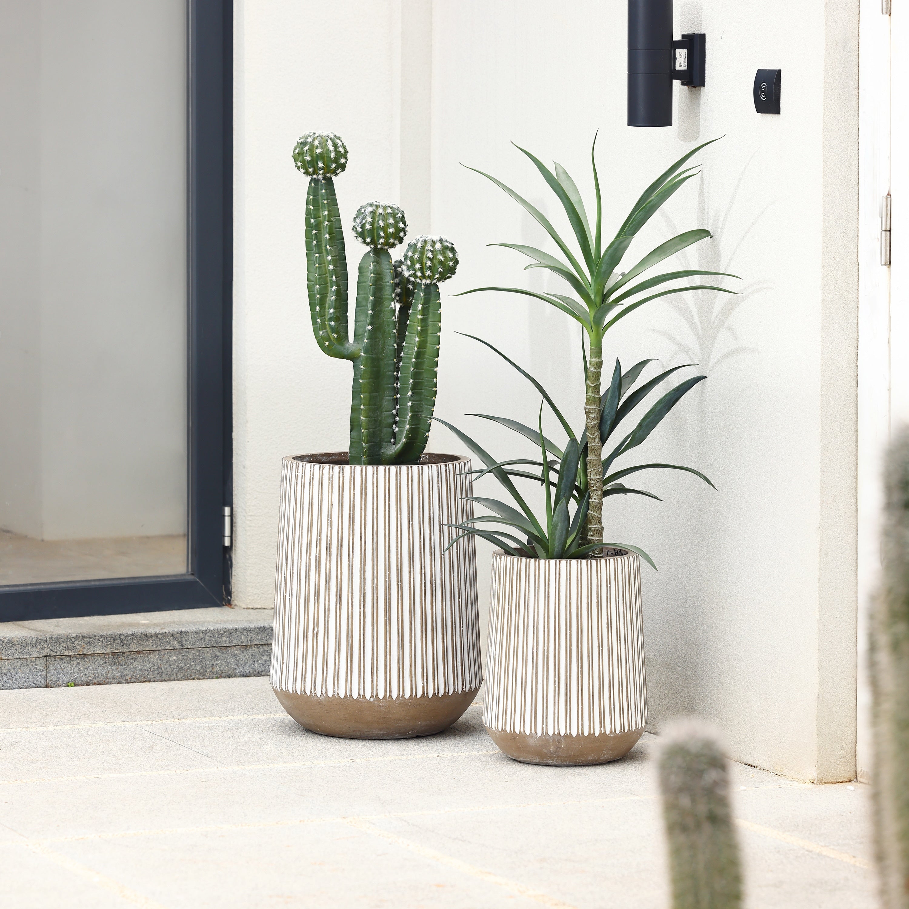 Round Brown and White Striped Handmade Tall Pot Planter