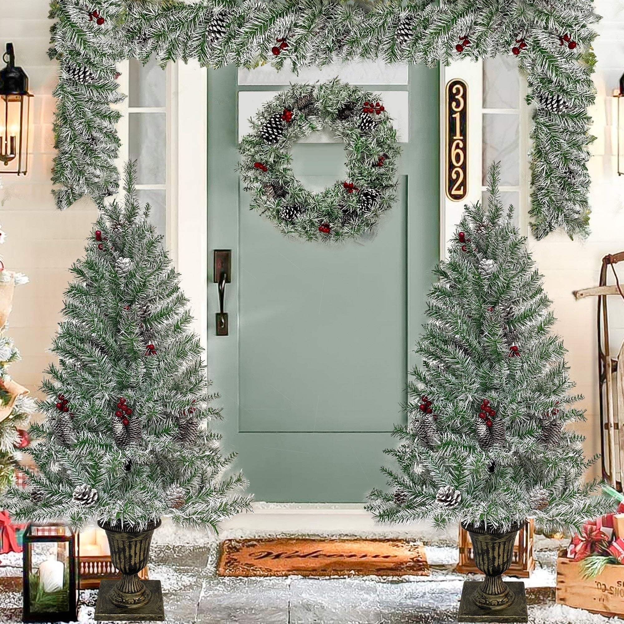 Artificial Christmas 4-Piece Set,Garland, Wreath and Set of 2 Entrance Trees X-mas with LED Lights, Christmas Tree