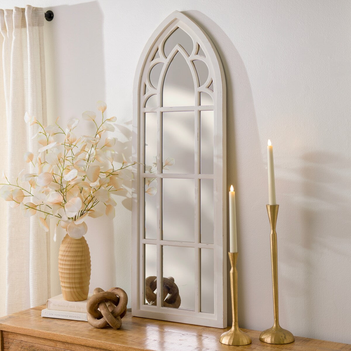 White Wood Cathedral Wall Mirror, 47 in.