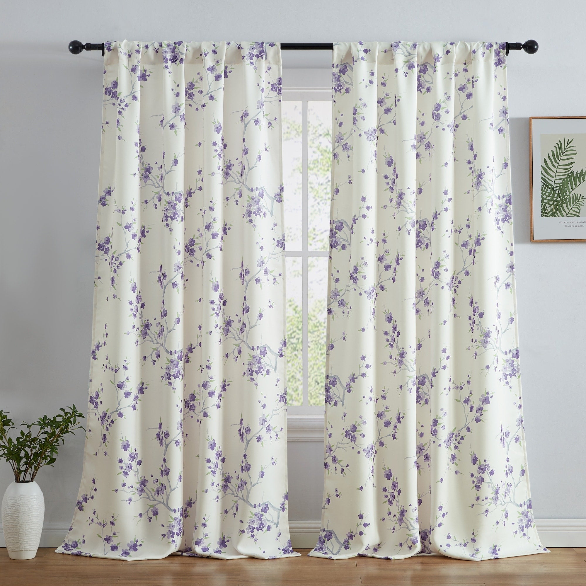 HLC.me Jasmine Floral Light Blocking Curtain Rod Pocket Pole Top Panels - Set of 2