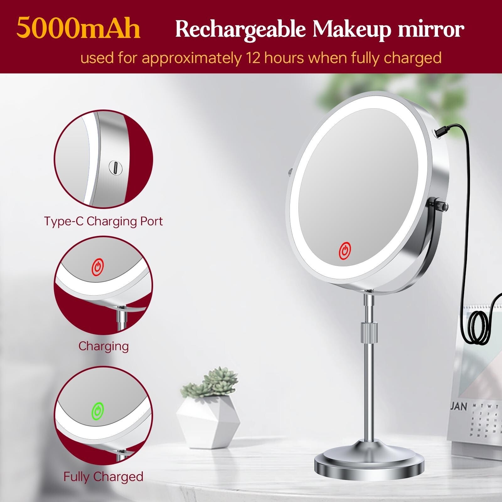 9 LED Lighted Makeup Mirror,Double Sided Magnification Mirror with 1X/10x Magnification,3 Lighting Color