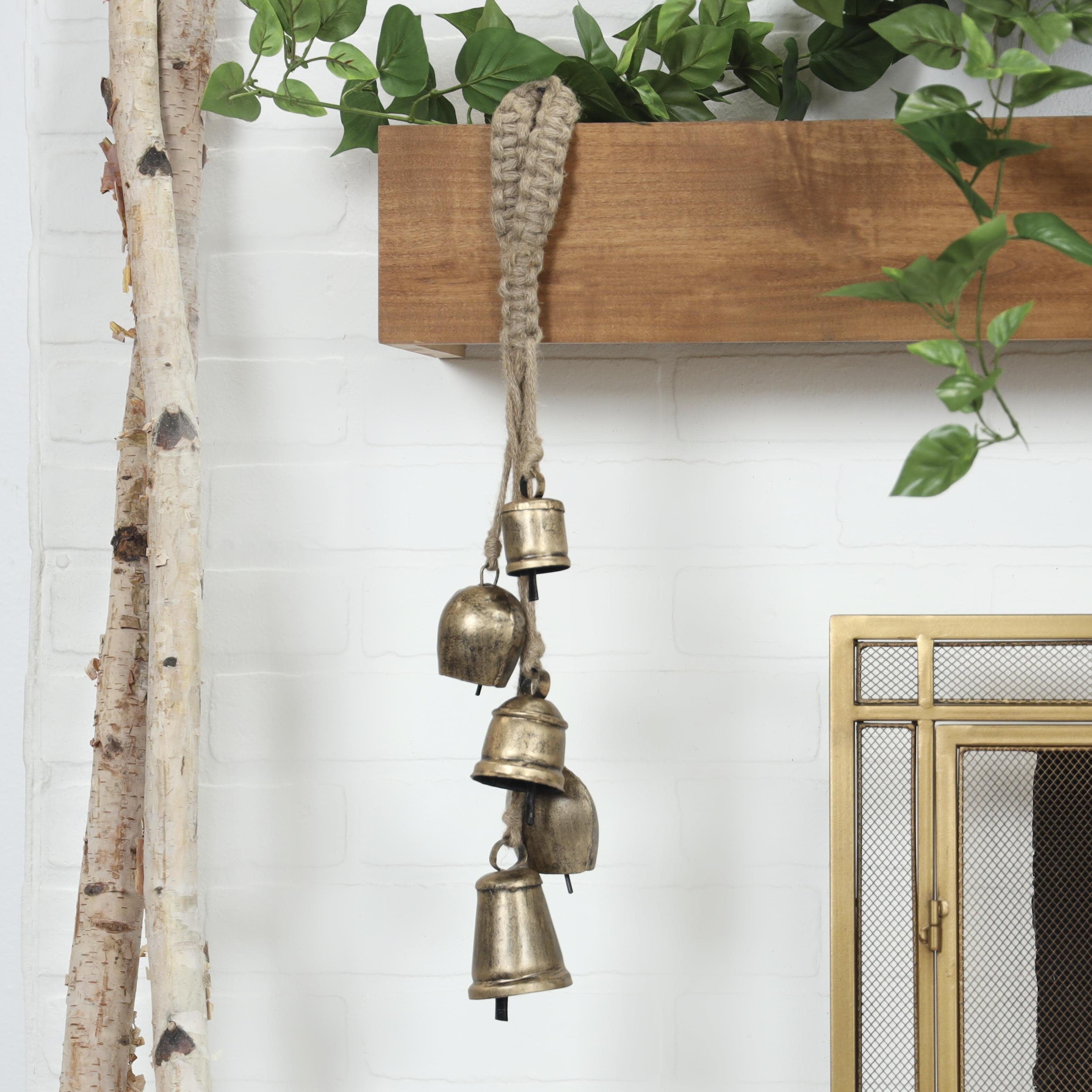 Metal Tibetan Inspired Decorative Cow Bells with 5 Bells on Jute Hanging Rope - Gold or White - Roche River Decor