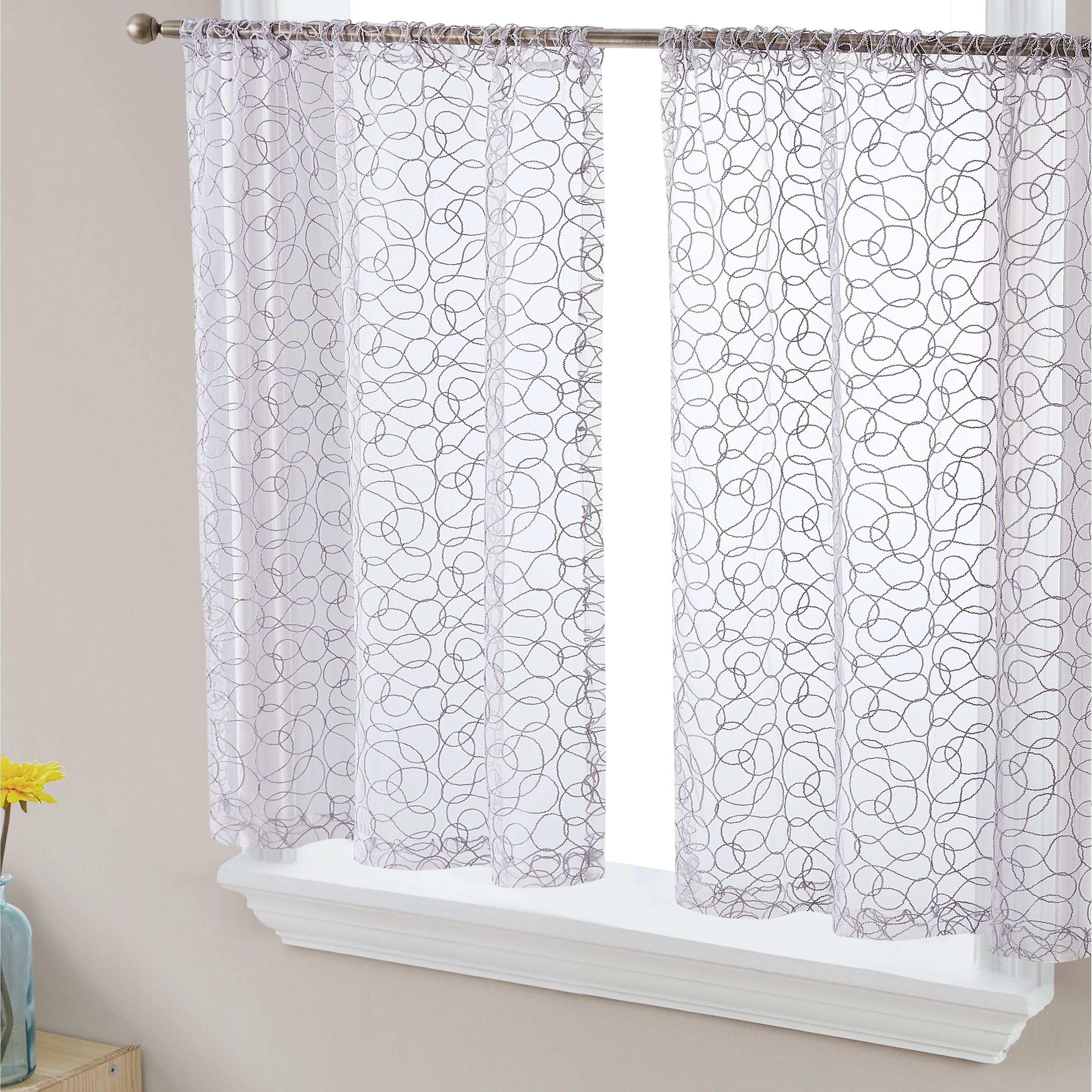 HLC.me Audrey Embroidered Sheer Voile Window Curtain Short Rod Pocket Tiers Valance Kitchen, Small Windows and Bathroom