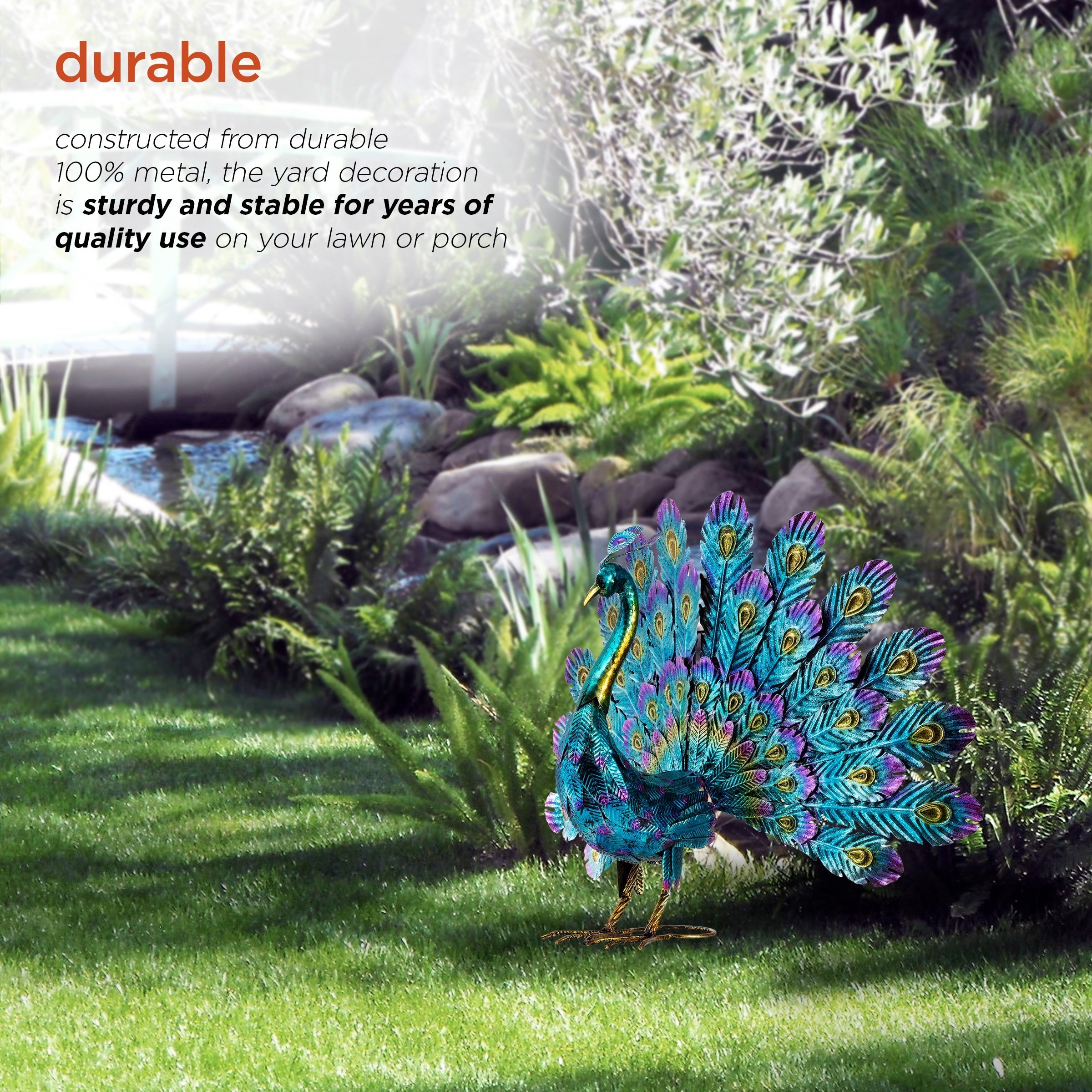 Alpine Corporation 23 Tall Outdoor Metallic Peacock Tail Spread Yard Statue Decoration, Multicolor