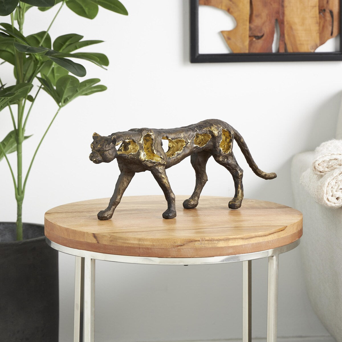 Polystone Leopard Distressed Textured Decorative Sculpture with Cutouts and Gold Accents - Bronze - Roche River Decor