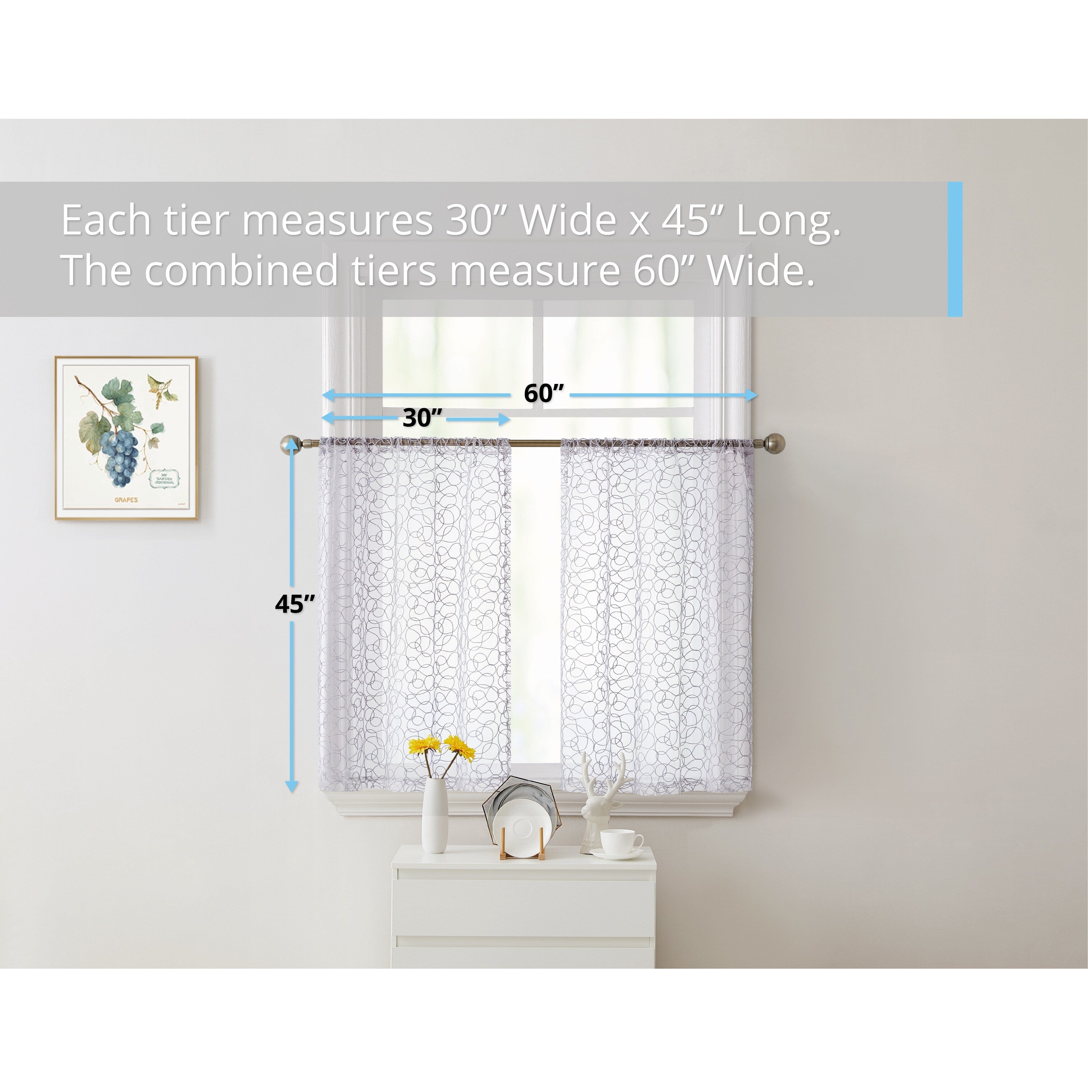 HLC.me Audrey Embroidered Sheer Voile Window Curtain Short Rod Pocket Tiers Valance Kitchen, Small Windows and Bathroom