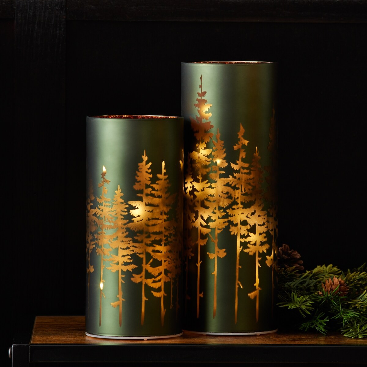 Frosted Pine Trees Glass Candle Holder (Set of 2)