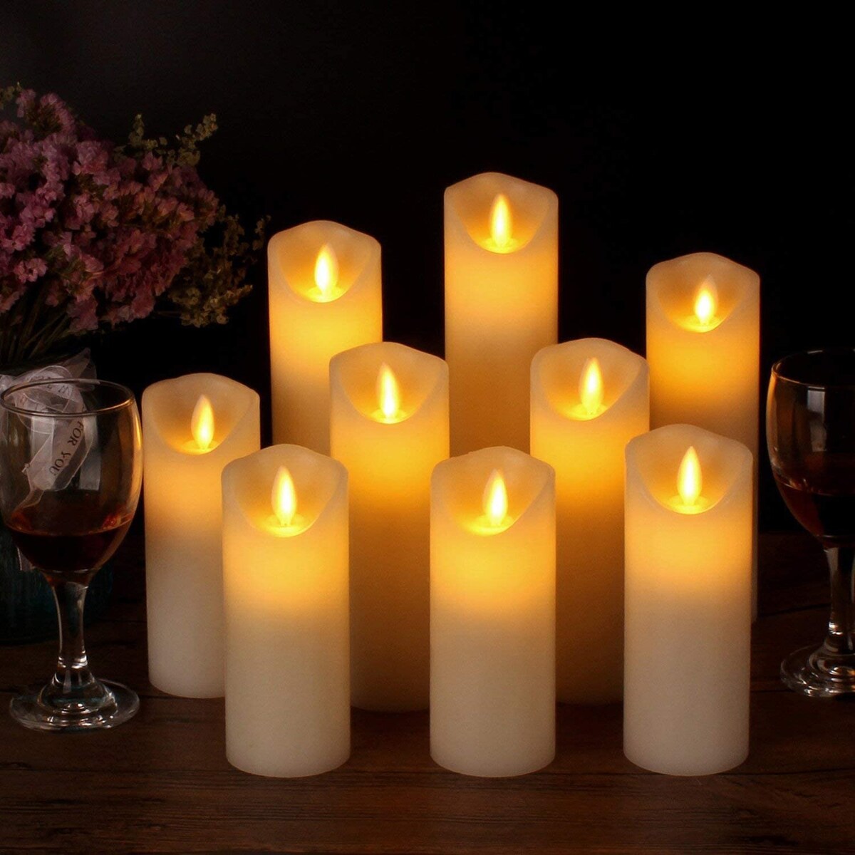 9-Piece Ivory LED Flameless Pillar Candle Set with Remote & 24h Timer