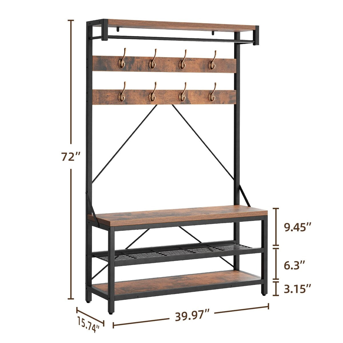 Industrial Entryway Coat Rack with Shoe Bench 3-in-1 Functional Hall Tree