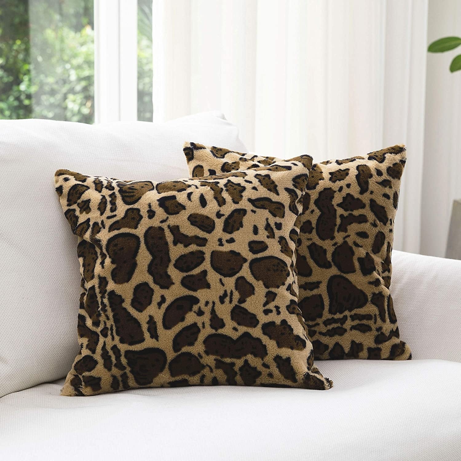 Cheer Collection Set of 2 Faux Fur Leopard Print Lumbar Couch Throw Pillows