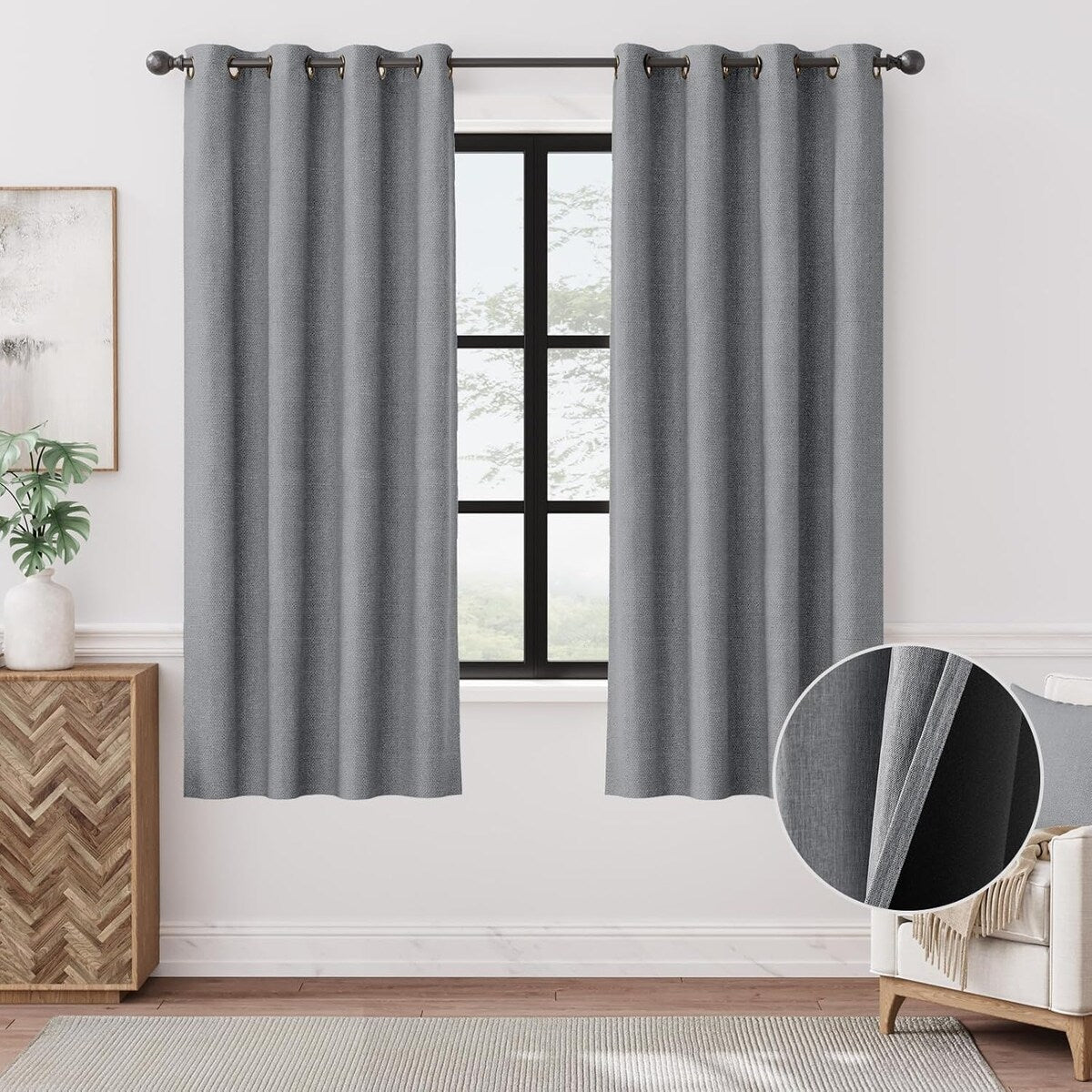 90% Blackout Faux Linen Curtains Thermal Insulated Room Darkening Curtains, 2 Panels Set, Grommet Top Window Treatments