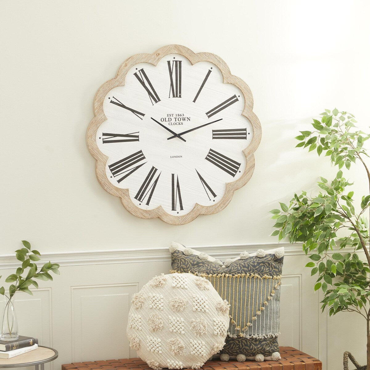 Wood Floral Shaped Decorative Wall Clock with Brown Scalloped Frame - White - Roche River Decor