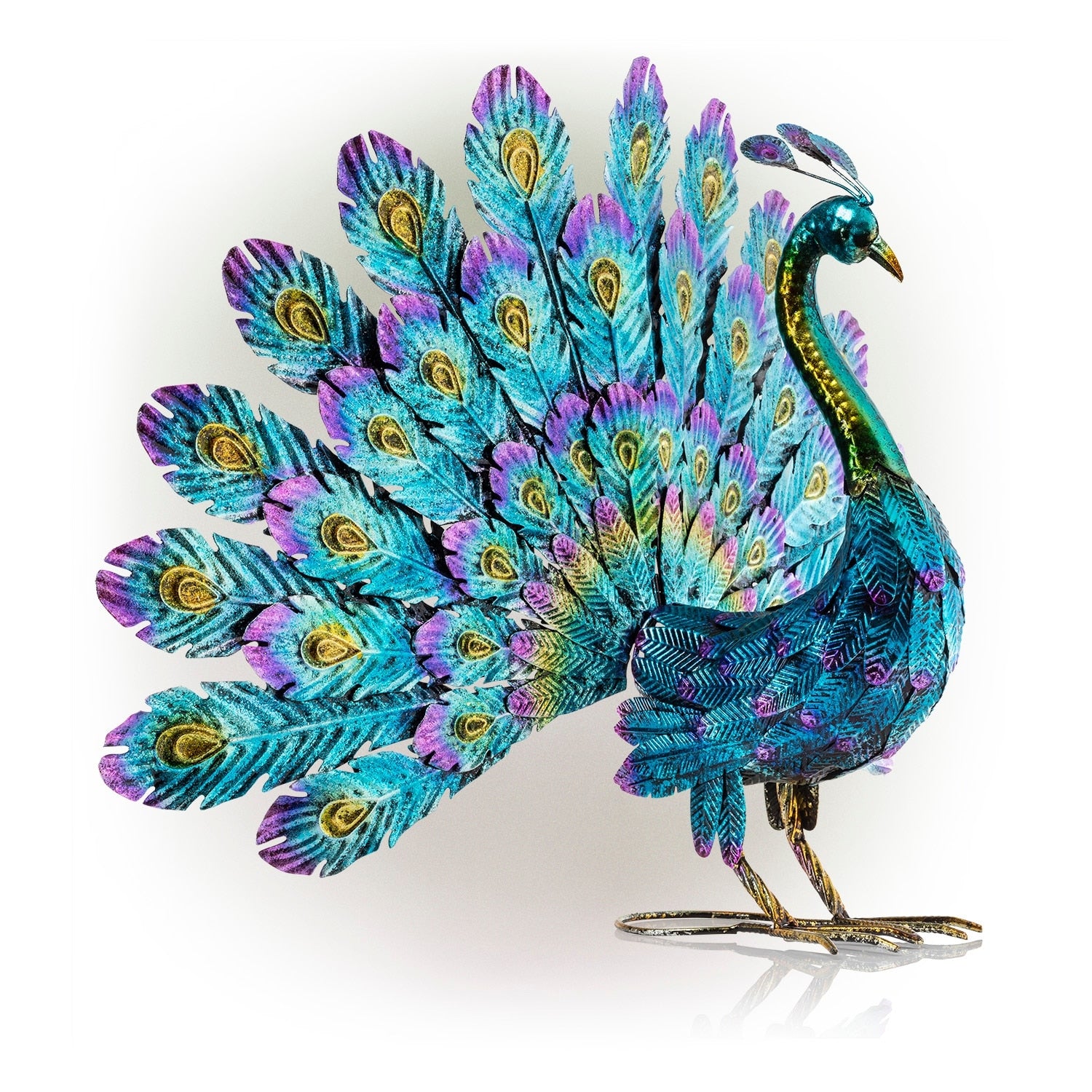 Alpine Corporation 23 Tall Outdoor Metallic Peacock Tail Spread Yard Statue Decoration, Multicolor