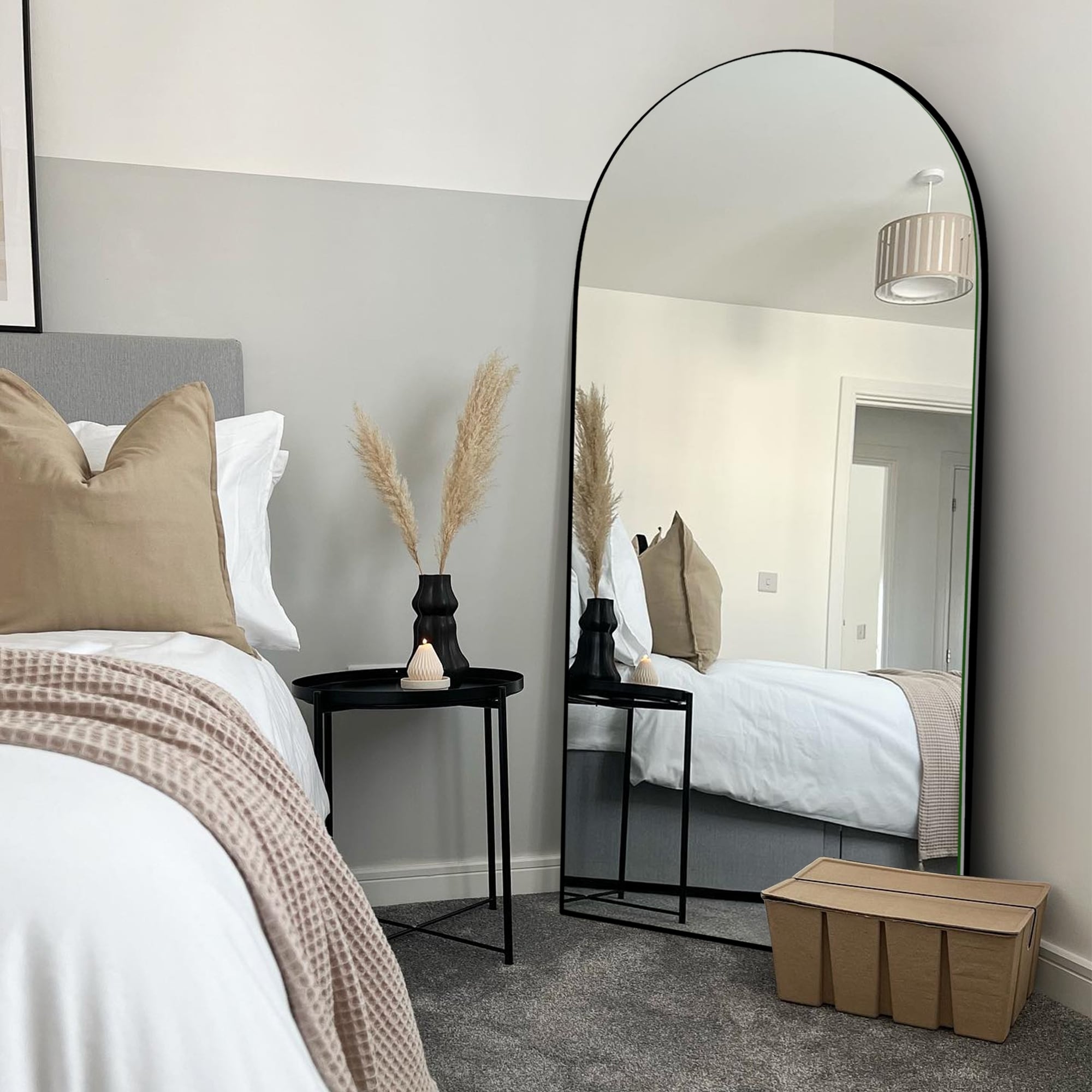 Classic Wood Arched Full Length Mirror with Stand, Floor Mirror