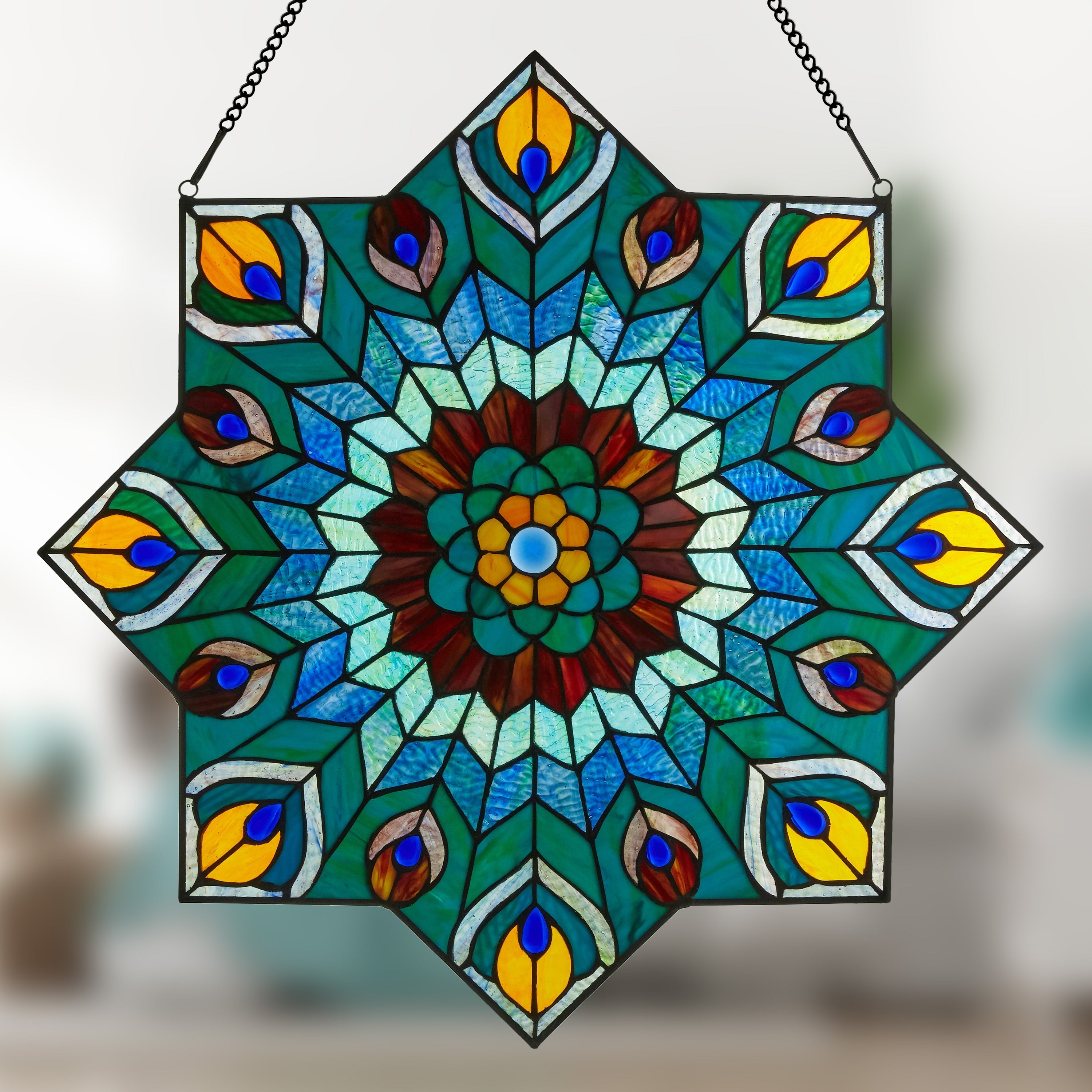 River of Goods 24-inch Tiffany-style Stained Glass Peacock Star Window Panel - 24L x 0.25W x 24H