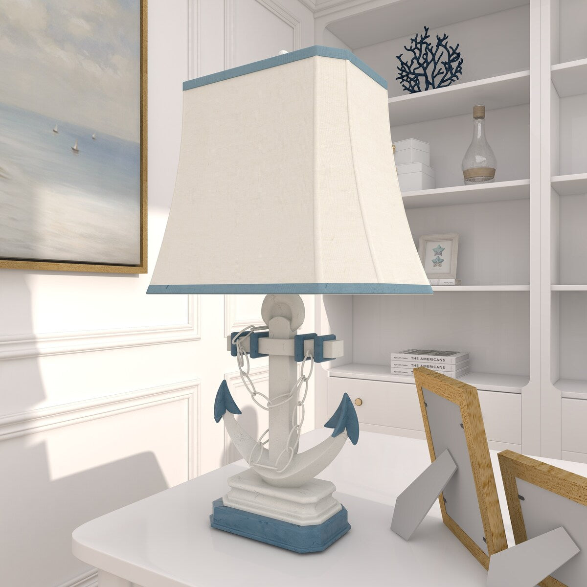 Polystone Anchor Room Table Lamp with Tapered Shade - Set of 2 Blue - Roche River Decor