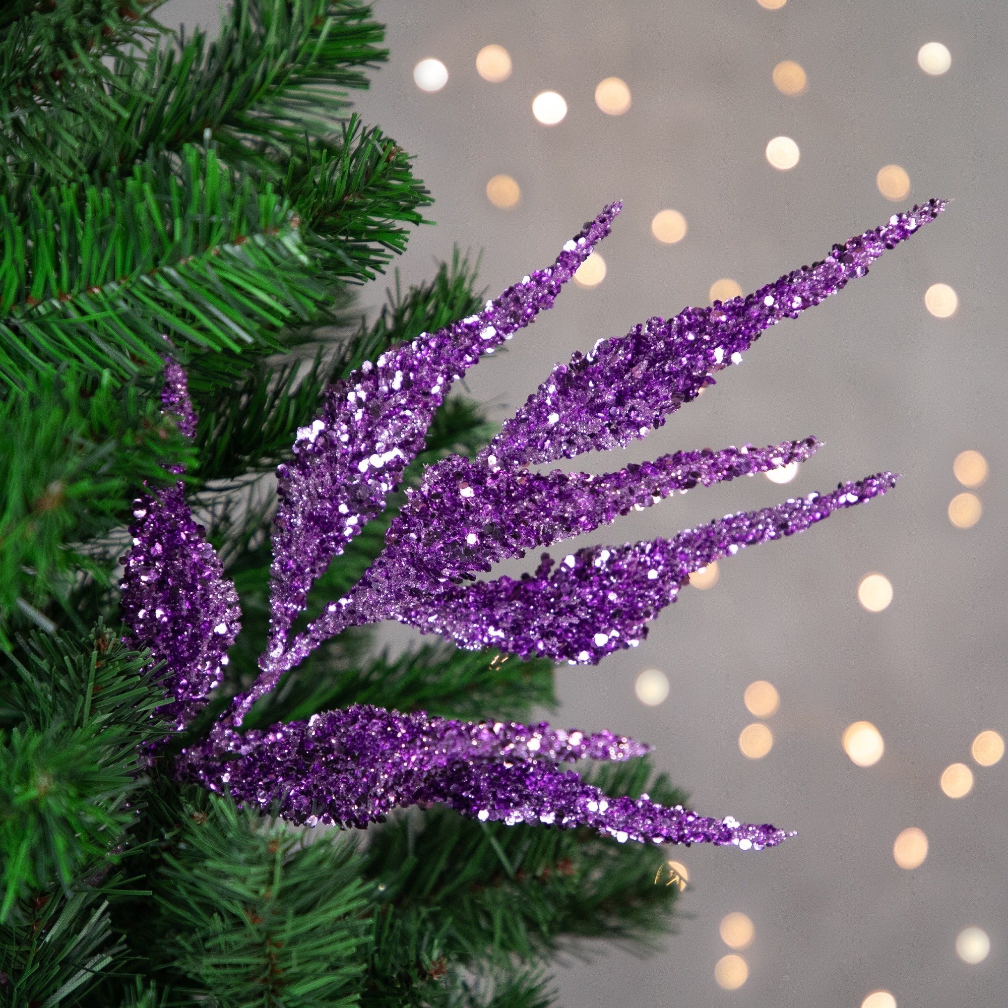 21 Purple Glittered Leaves Christmas Spray