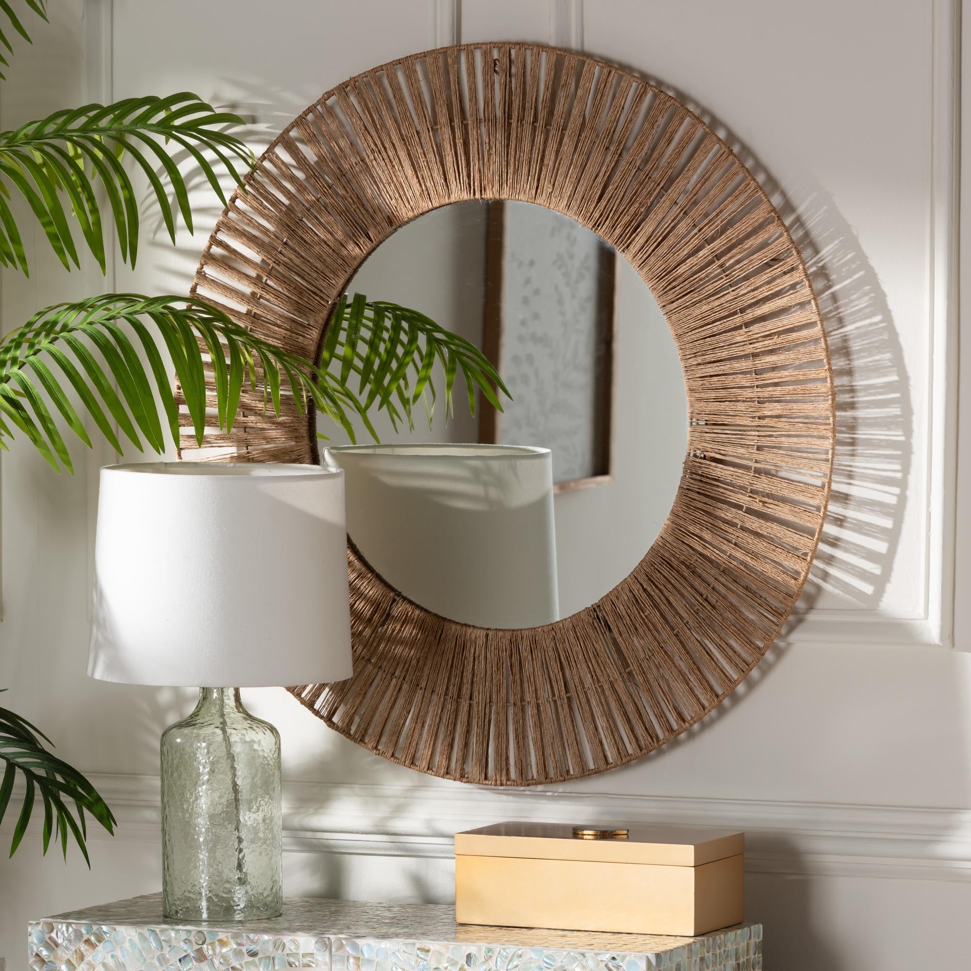 Leala Modern Bohemian Metal and Natural Brown Seagrass Accent Wall Mirror - Natural Brown