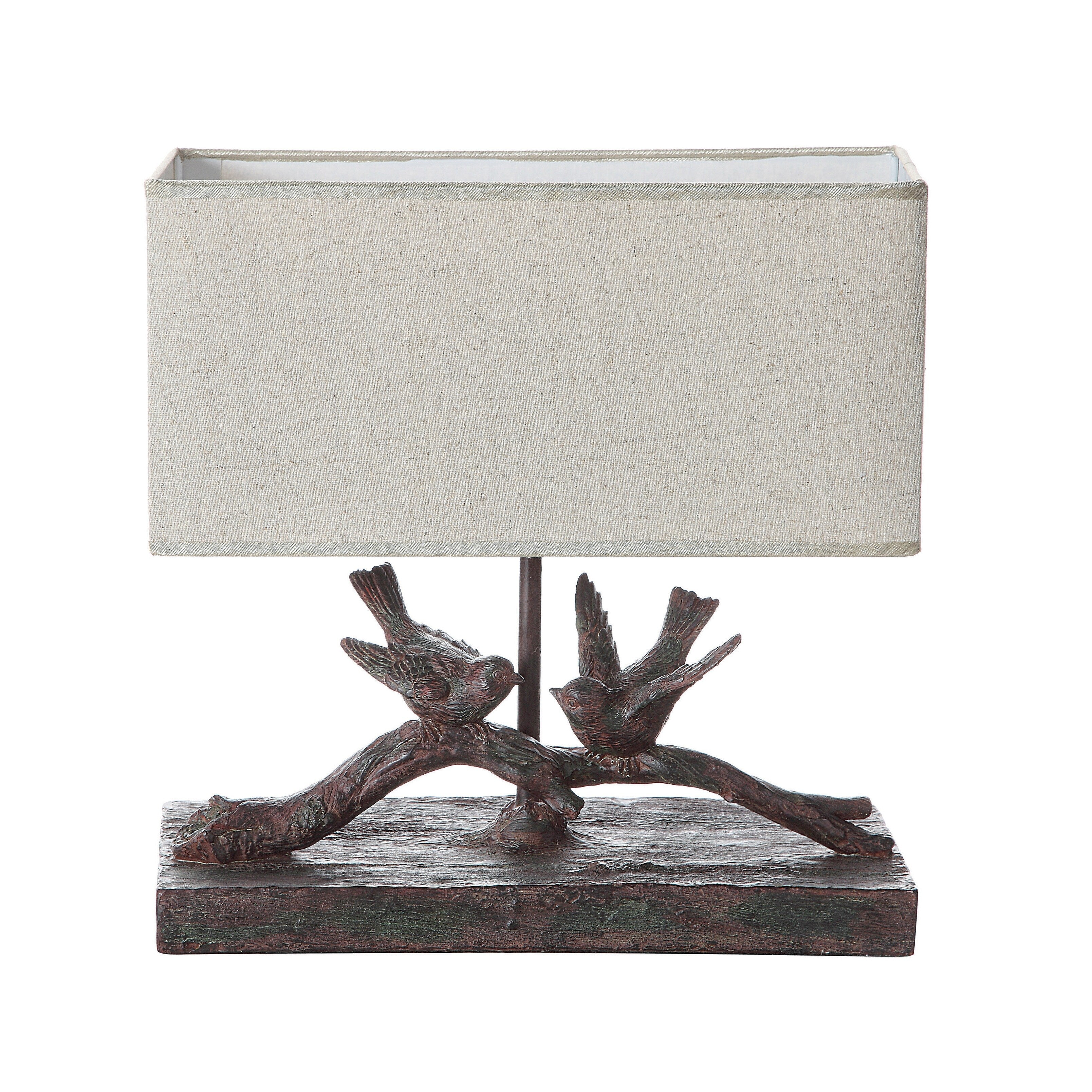 Rustic Birds-On-Branch Lamp with Rectangle Shade