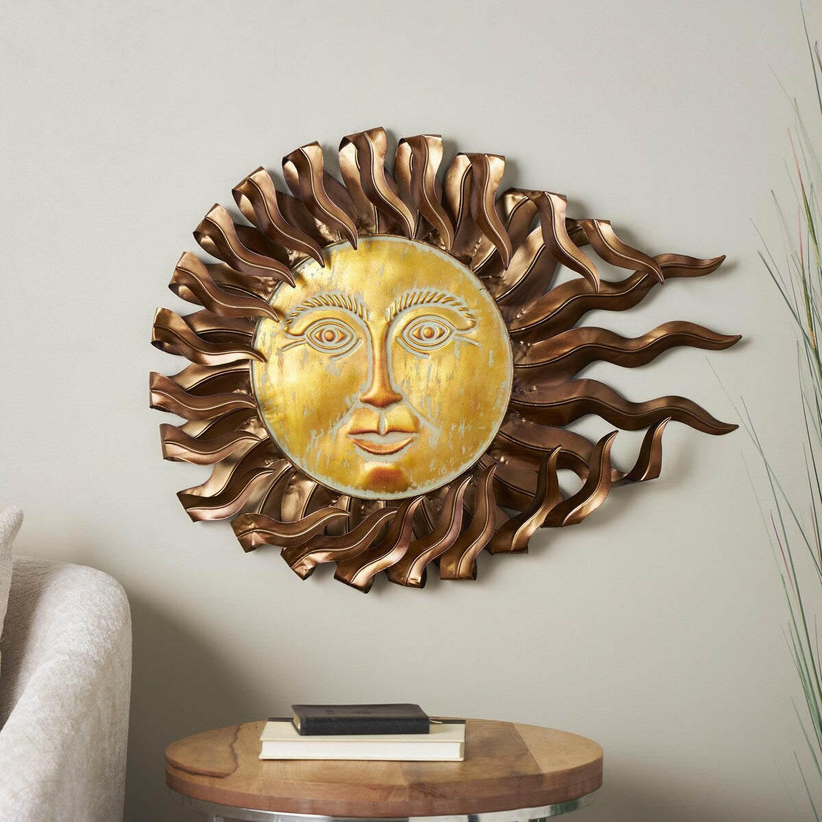 Metal Sun Home Wall Decor with Gold Sun Face and Folded Wavy Rays - Copper - Roche River Decor