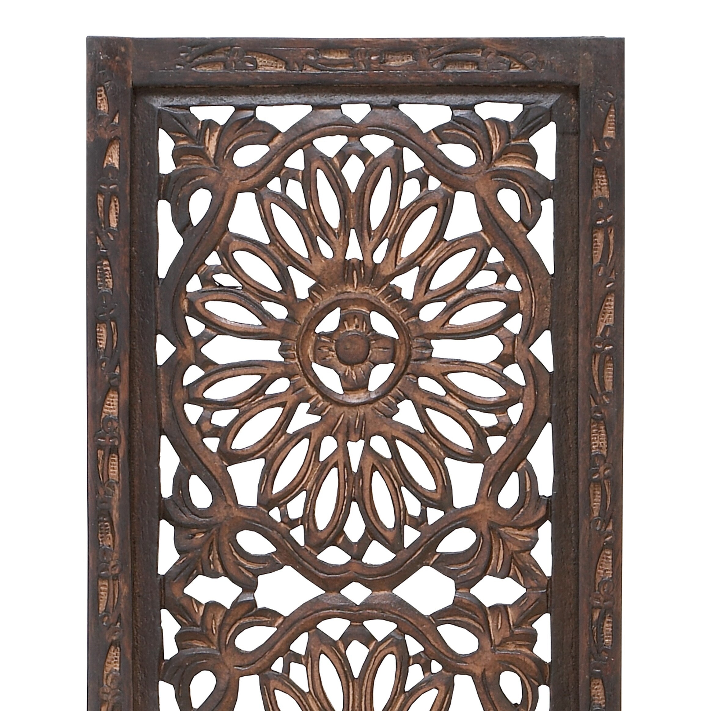 Benzara Floral Hand Carved Wooden Wall Panels, Assortment of Two, Brown