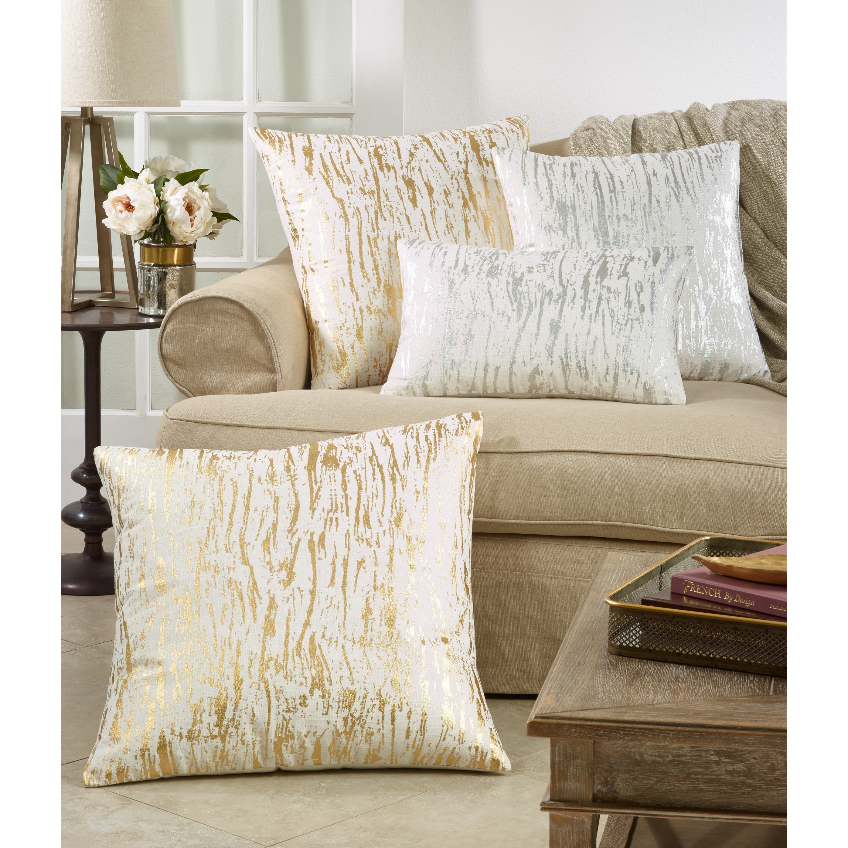 Distressed Metallic Foil Design Cotton Throw Pillow