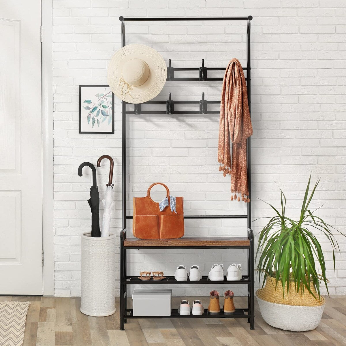 Industrial Entryway Coat Rack with Shoe Bench 3-in-1 Functional Hall Tree